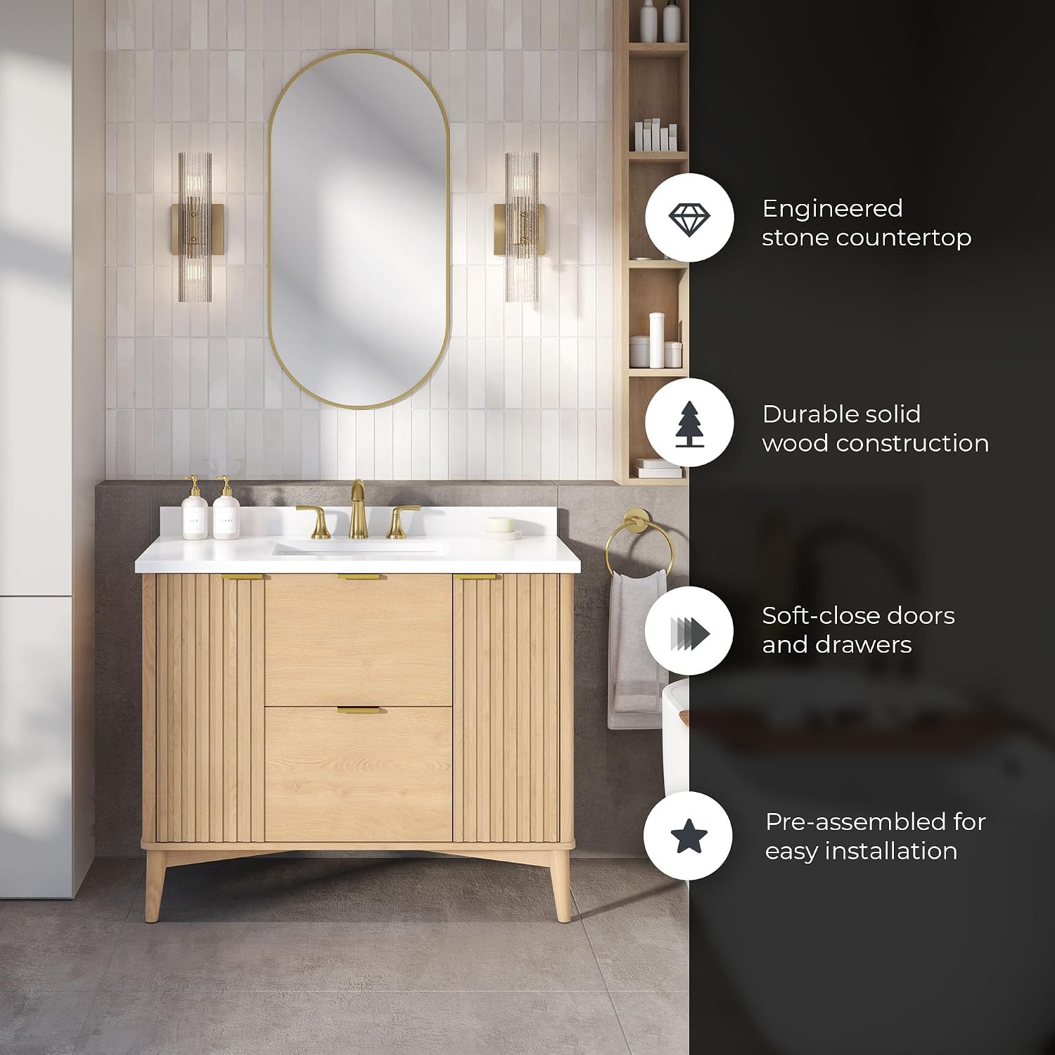 OVE Decors Indy 42 in. Undermount Single Sink Bathroom Vanity with White Engineered Marble Top, Rustic Ash