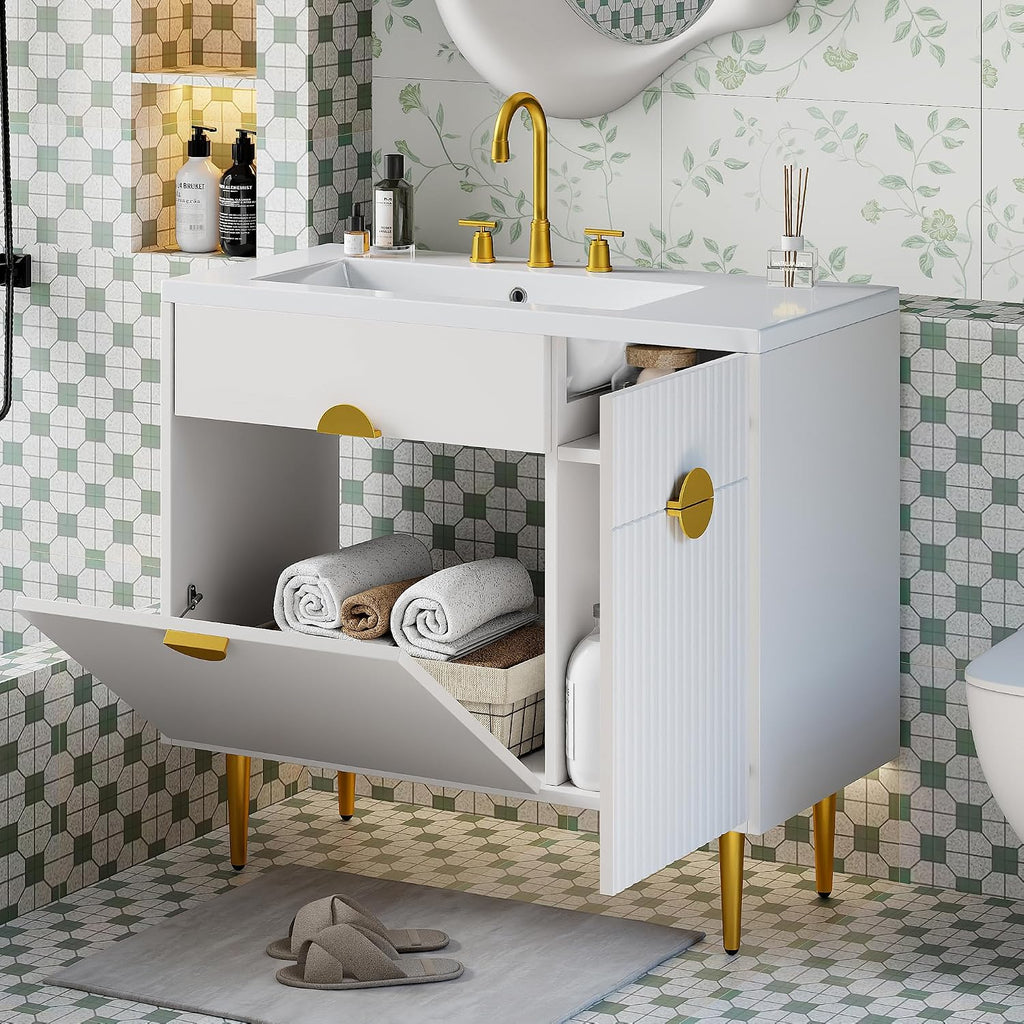 Merax 36 Inch Bathroom Vanity with Sink, Modern Bathroom Vanity Storage Cabinet with Soft-Closing Door and Drop-Down Door, Resin Basin Sink Top, Solid Wood Frame, Painted Finish， White