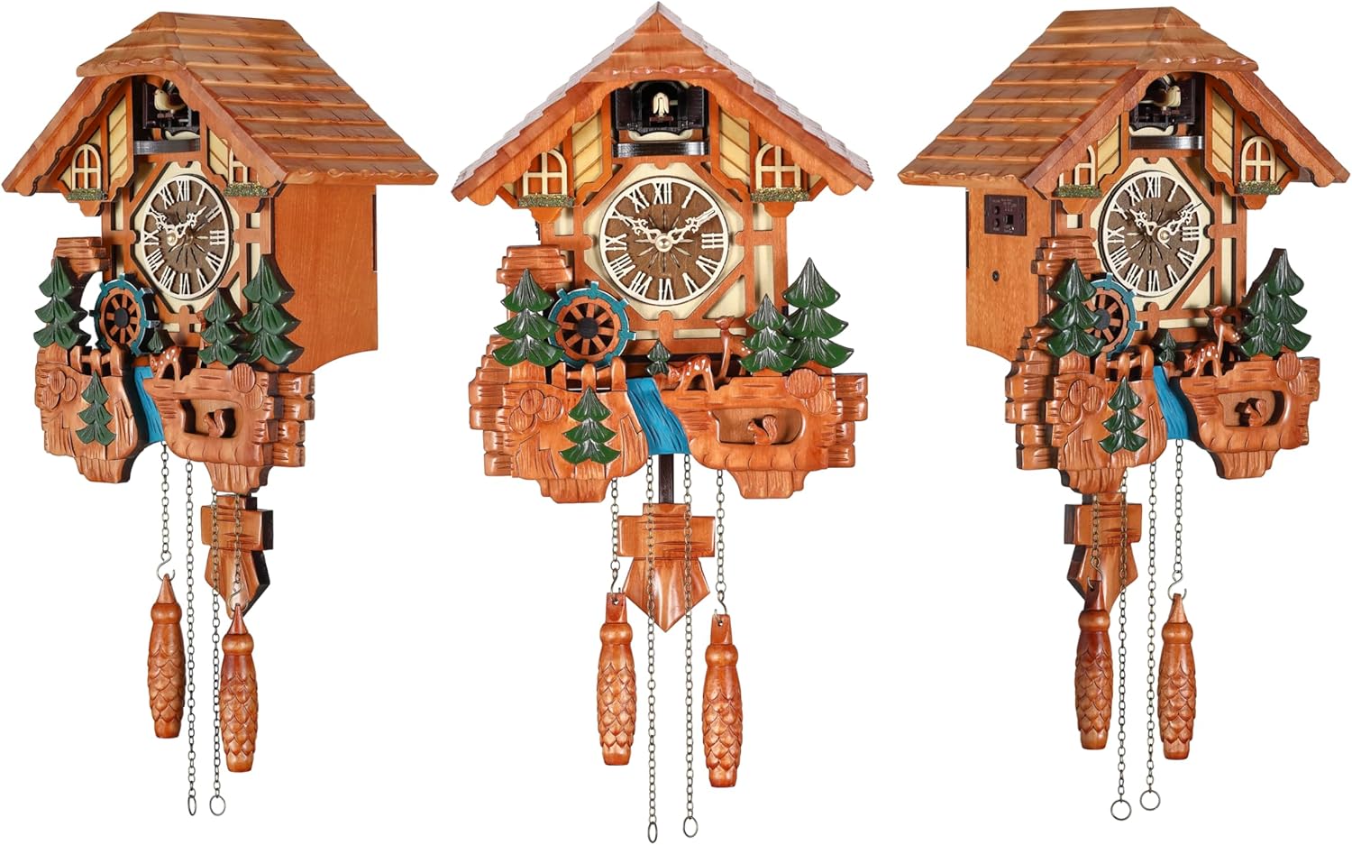 Kintrot Cuckoo Clock Black Forest Chalet Clock 11x22.5 Inches | Handcrafted Wooden Wall Clock with Singing Bird, Rotating Waterwheel, Night Mode and 12 Melodies