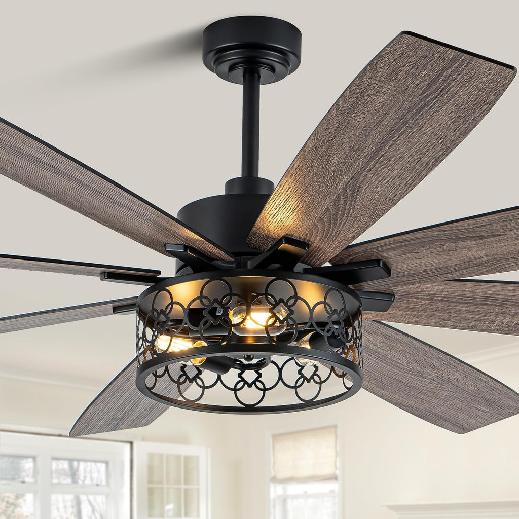 Dawn Whisper Farmhouse 72 Inch Ceiling Fans with Lights and Remote Quiet and Reversible DC Motor Black Industrial Rustic Caged Ceiling Fan for Bedroom Living Room Covered Patio