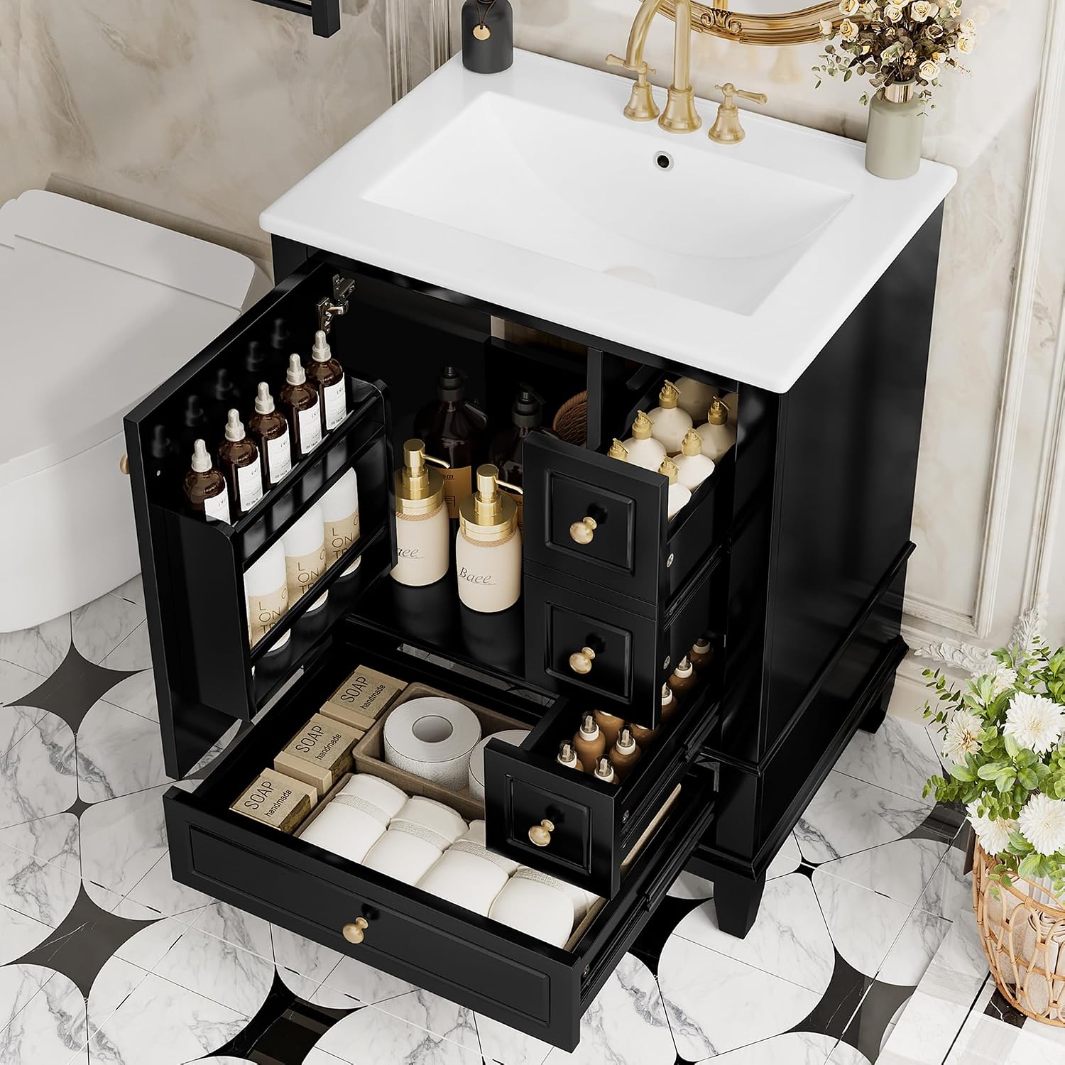 24' Modern Freestanding Bathroom Vanity with Ceramic Sink Top, 3 Drawers & Storage Shelves - MDF & Solid Wood Base