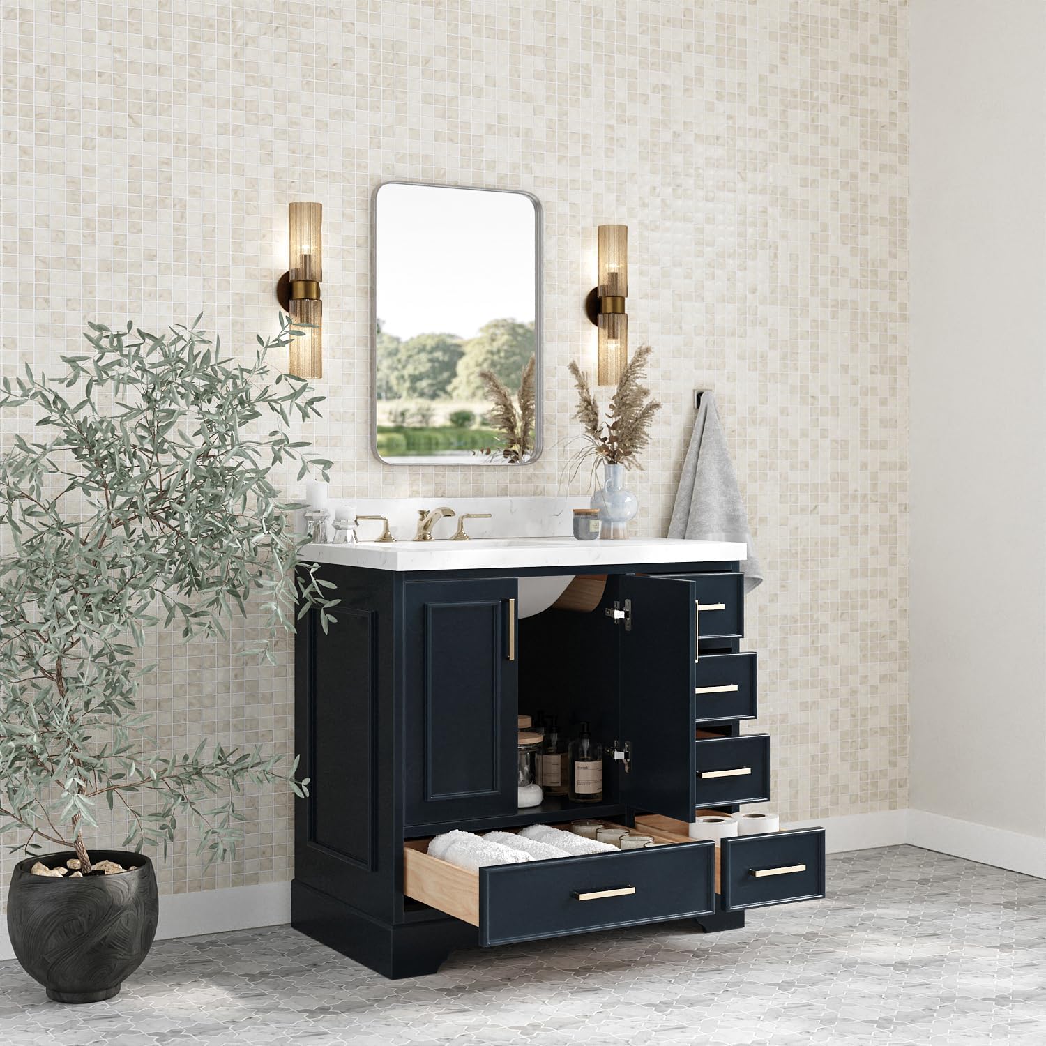 ARIEL Stafford 36-inch Bathroom Vanity with Sink,Solid Wood, 1.5-inch Carrara White Quartz Countertop, Single Rectangular Porcelain Sink, 2 Soft Closing Doors, 5 Dovetail Drawers, Midnight Blue