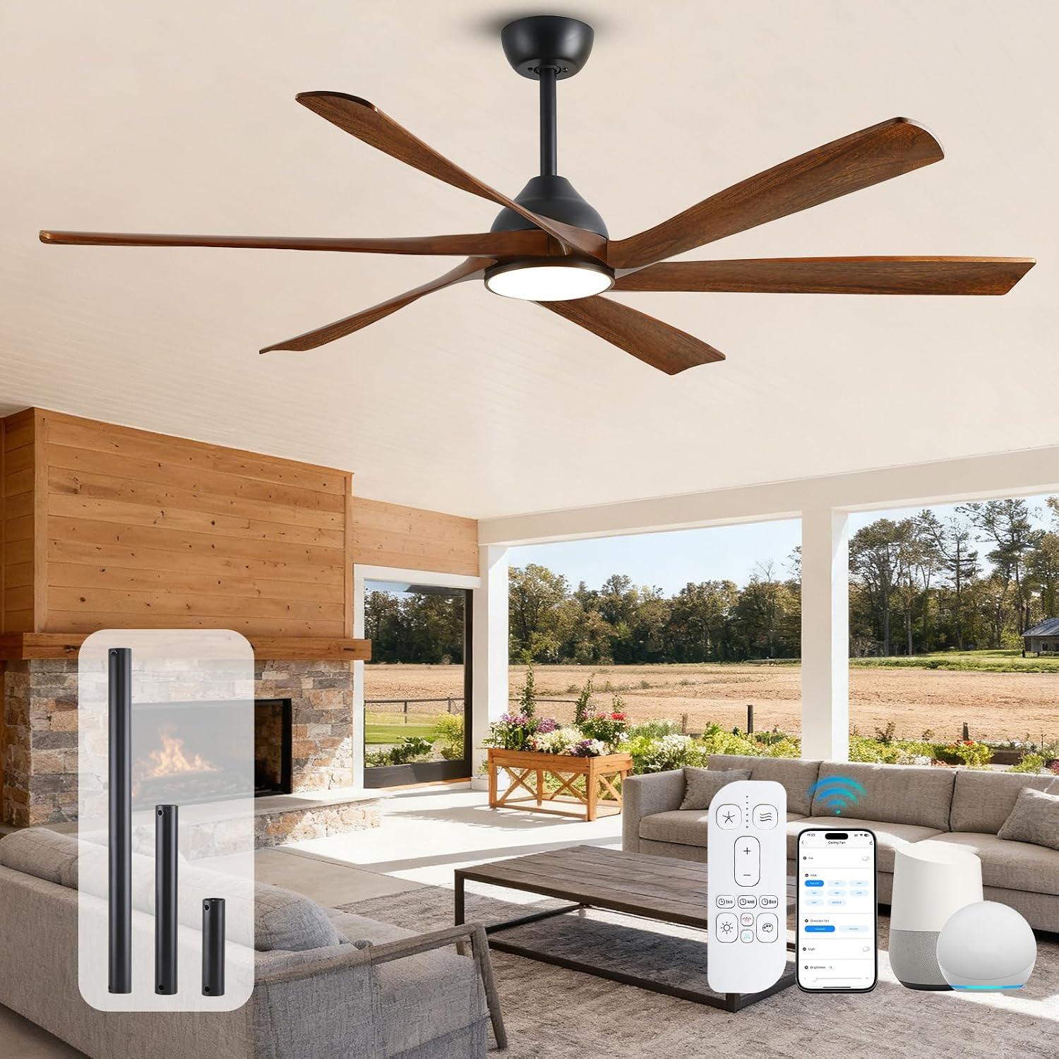 72 Inch Smart Ceiling Fan with Light and Remote via WiFi Alexa, Large Outdoor Ceiling Fans for Patios Damp Rated, Farmhouse Wood Propeller Ceiling Fan for Exterior Outside, High Velocity DC Motor