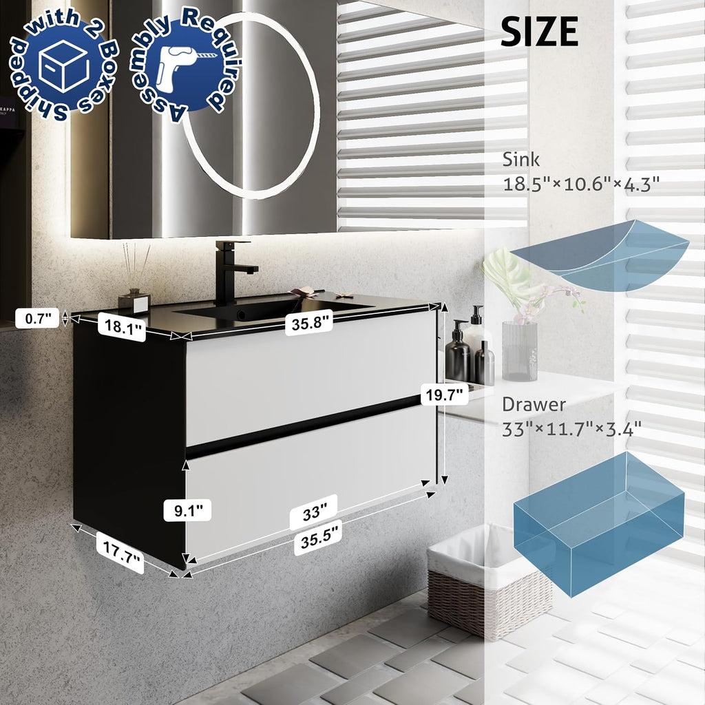 eclife 36' Bathroom Vanity Cabinet with Undermount Black Sink Combo, Wall Mounted Floating Bathroom Cabinet with Colors Mixed Style, 2 Big Drawers & Matte Black Faucet