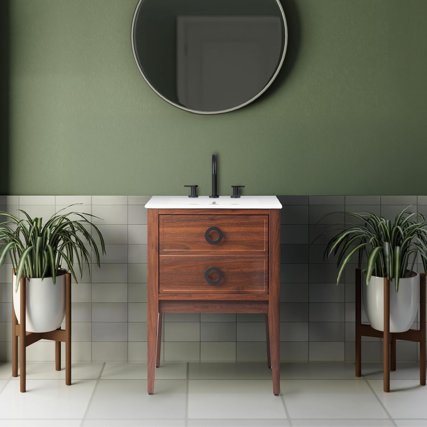 JONATHAN Y Corbin 24 in. W x 18 in. D x 33 in. H Modern 1-Drawer Freestanding Bathroom Vanity Base Only with Black Handles, Walnut (Sink Basin Not Included) VAN2001B