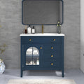36 inch Bathroom Vanity with Sink, Mid Century Modern Freestanding Bathroom Cabinet with Ceramic Sink, 1 Flip Top Drawer, 2 Storage Drawers, Flower Patterned Glass Door, Adjustable Shelf, Blue