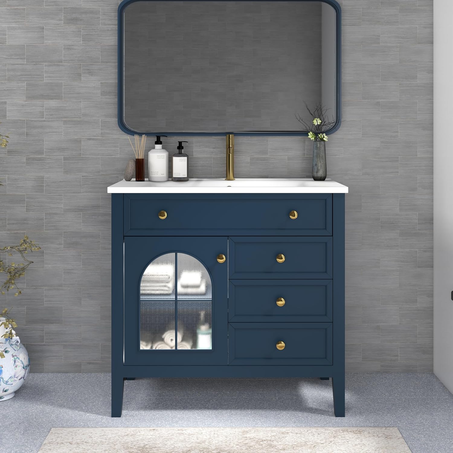 36 inch Bathroom Vanity with Sink, Mid Century Modern Freestanding Bathroom Cabinet with Ceramic Sink, 1 Flip Top Drawer, 2 Storage Drawers, Flower Patterned Glass Door, Adjustable Shelf, Blue