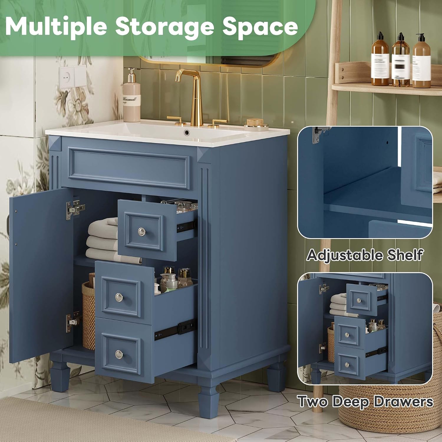 24 Inch Blue-Grey Bathroom Vanity with Sink,Modern Bathroom Vanity with 2 Drawers & Adjustable Shelf,Soft Closing Doors & Black Handles,Solid Wood Frame,French Embossed Front