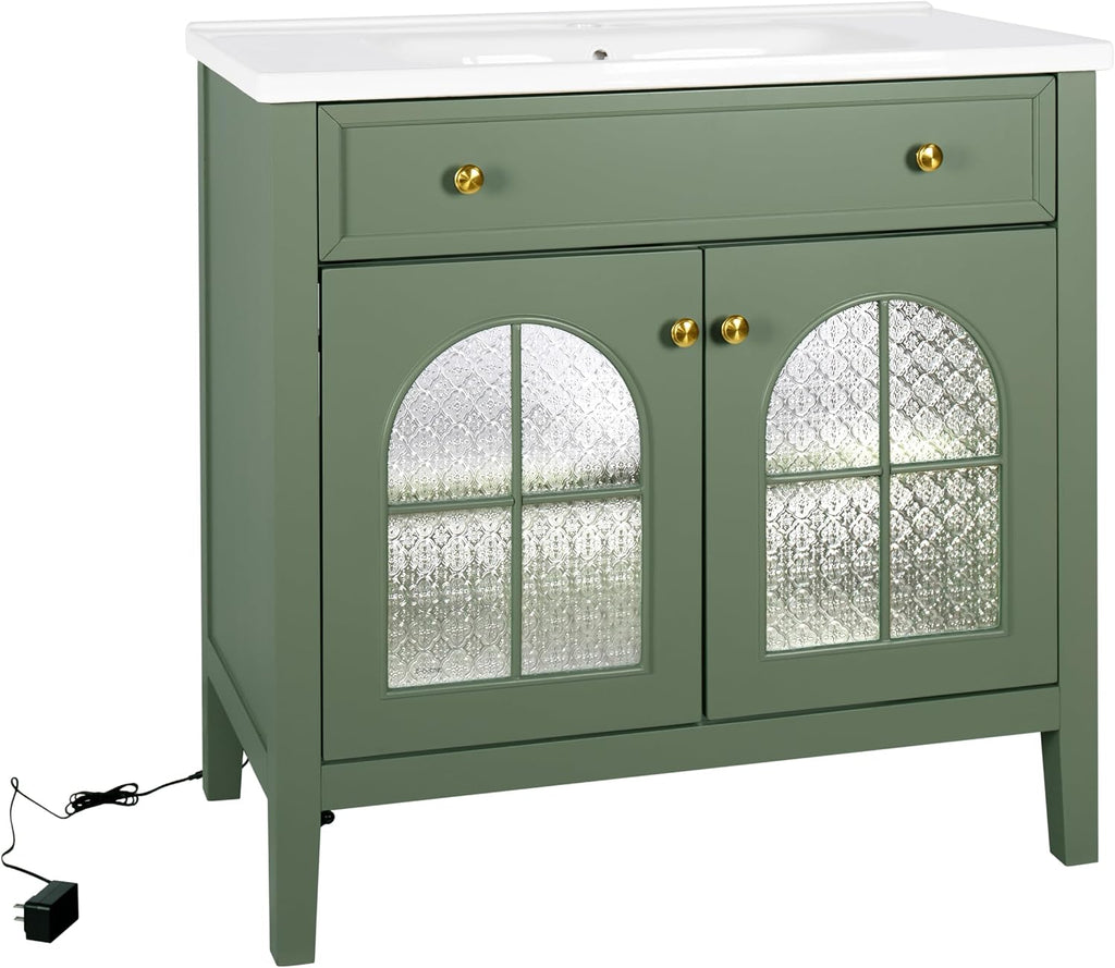 36 inch Bathroom Vanity with Sink Combo, Mid Century Modern Freestanding Bathroom Cabinet with Integrated Ceramic Sink, Flip Top Drawer, Flower Patterned Glass Doors, Adjustable Shelves, Green