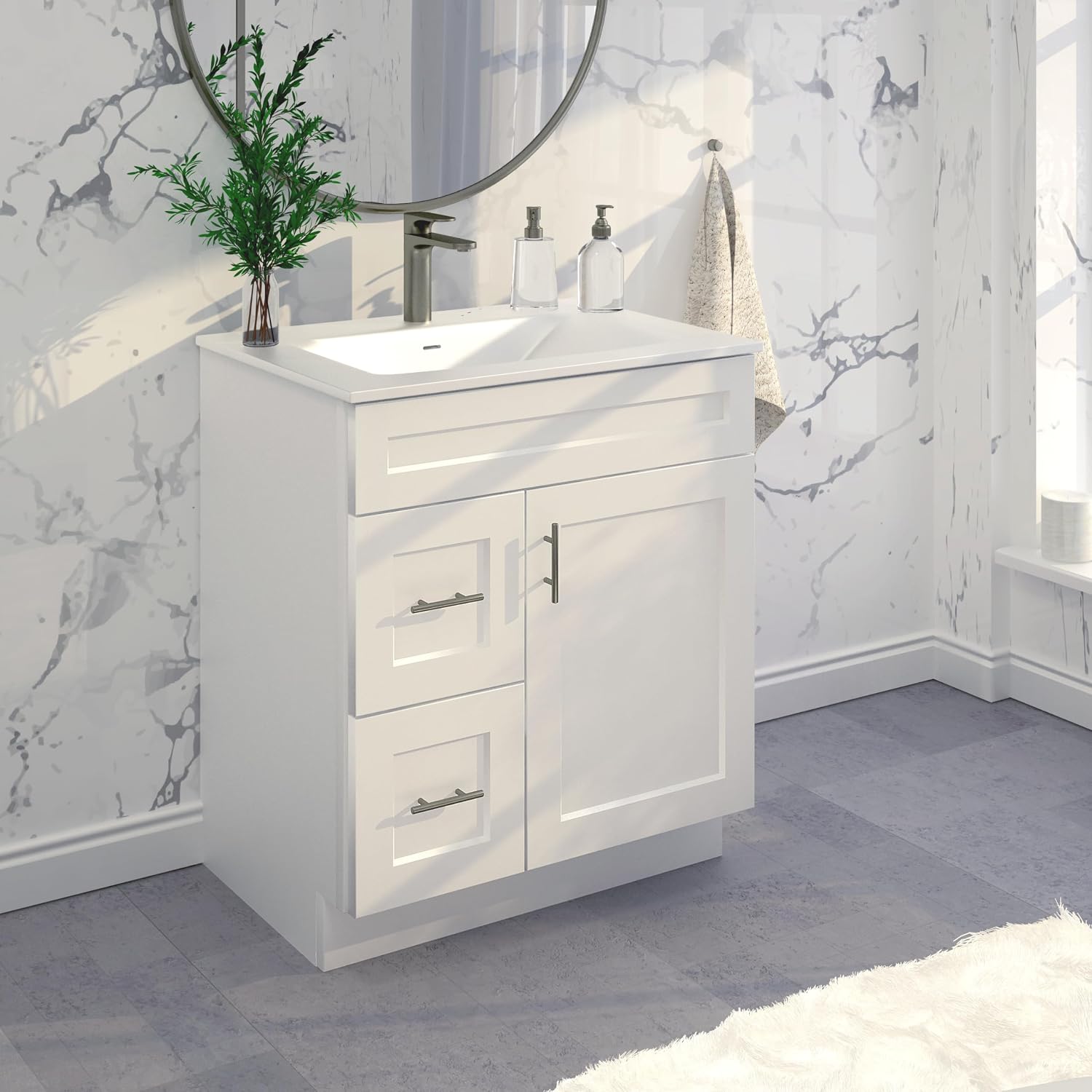 White Shaker Sink Base Bathroom Vanity with Drawers 30' Ready-to-Assemble Cabinet