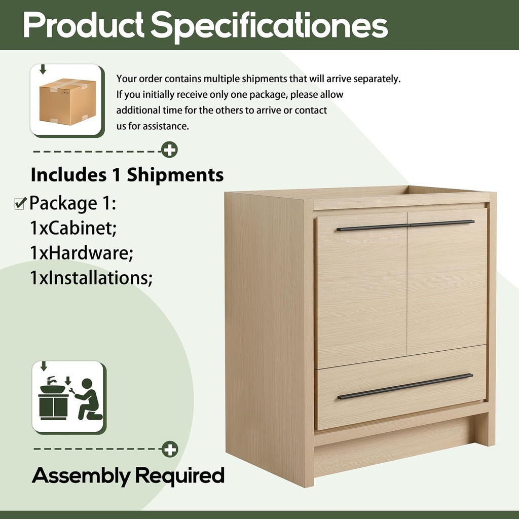 30 Inch Bathroom Vanity Without Sink, 30' Freestanding Vanity Without Sink Top, Sturdy Plywood Wooden Cabinet and 1 Drawer with Stainless Steel Slide Rails, Modern Floor-Standing Cabinet