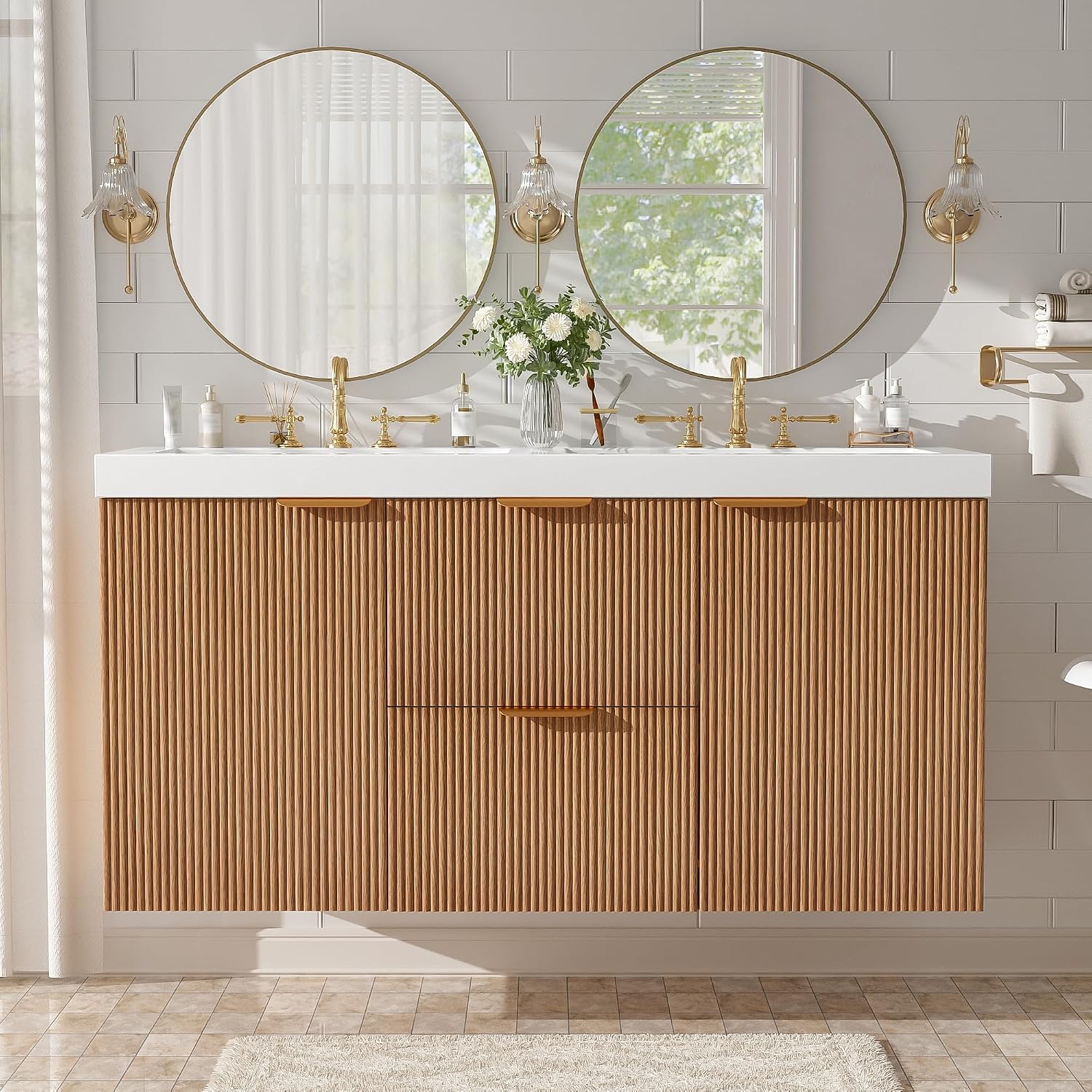 48 inch Bathroom Vanity with Sink Combo, Floating Double Sink Bathroom Vanities with SMC Resin Top, MDF Cabinet, Wall-Mounted Vanities for Large Bathrooms (48''-Wood)