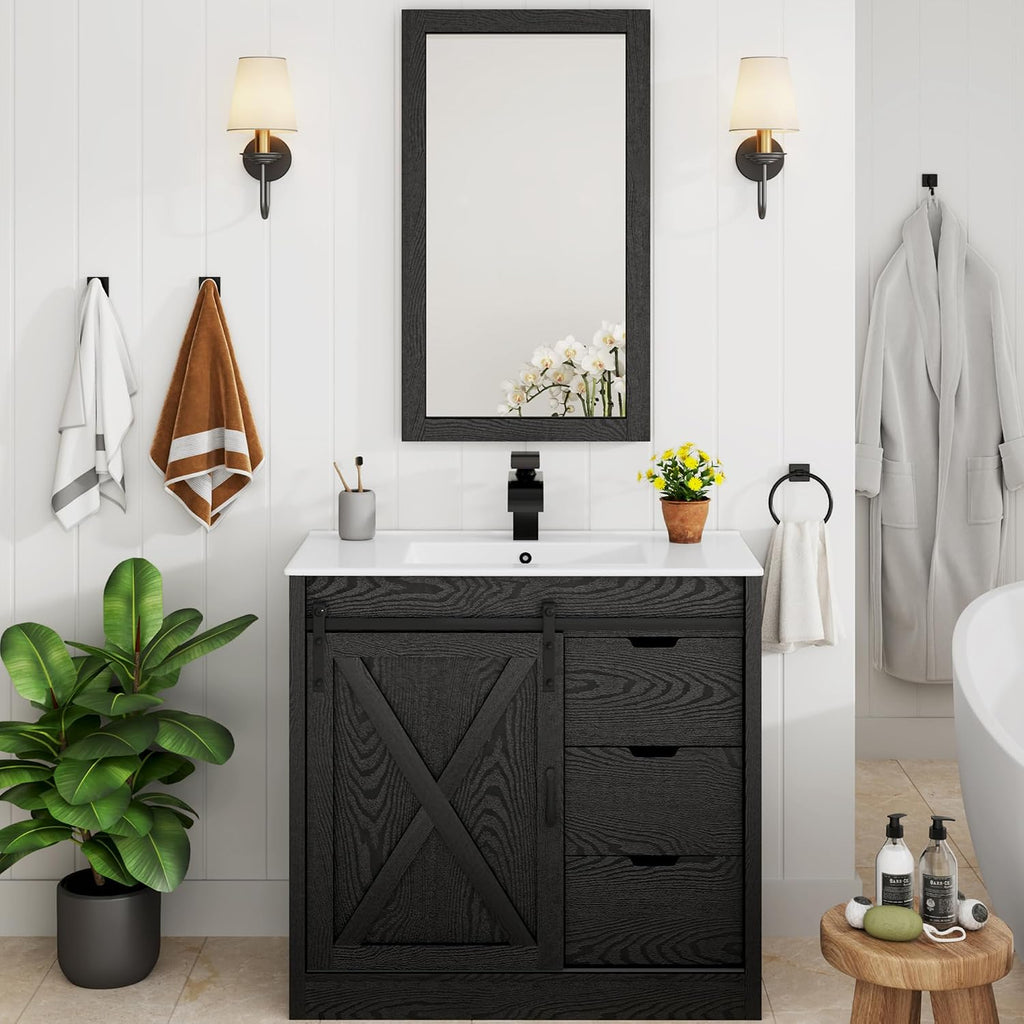 chartustriable 36 Inch Bathroom Vanity with Sink & Faucet & Mirror, Farmhouse Bathroom Vanity Cabinet Set with Sliding Barn Door & Drawers, Small Single Bath Storage Vanity Sink, Black