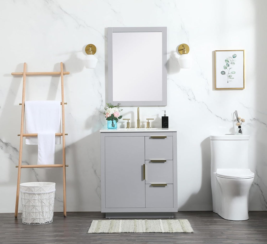 30 Single Bathroom Vanity, with Engineered Marble Top Soft-Close, Grey