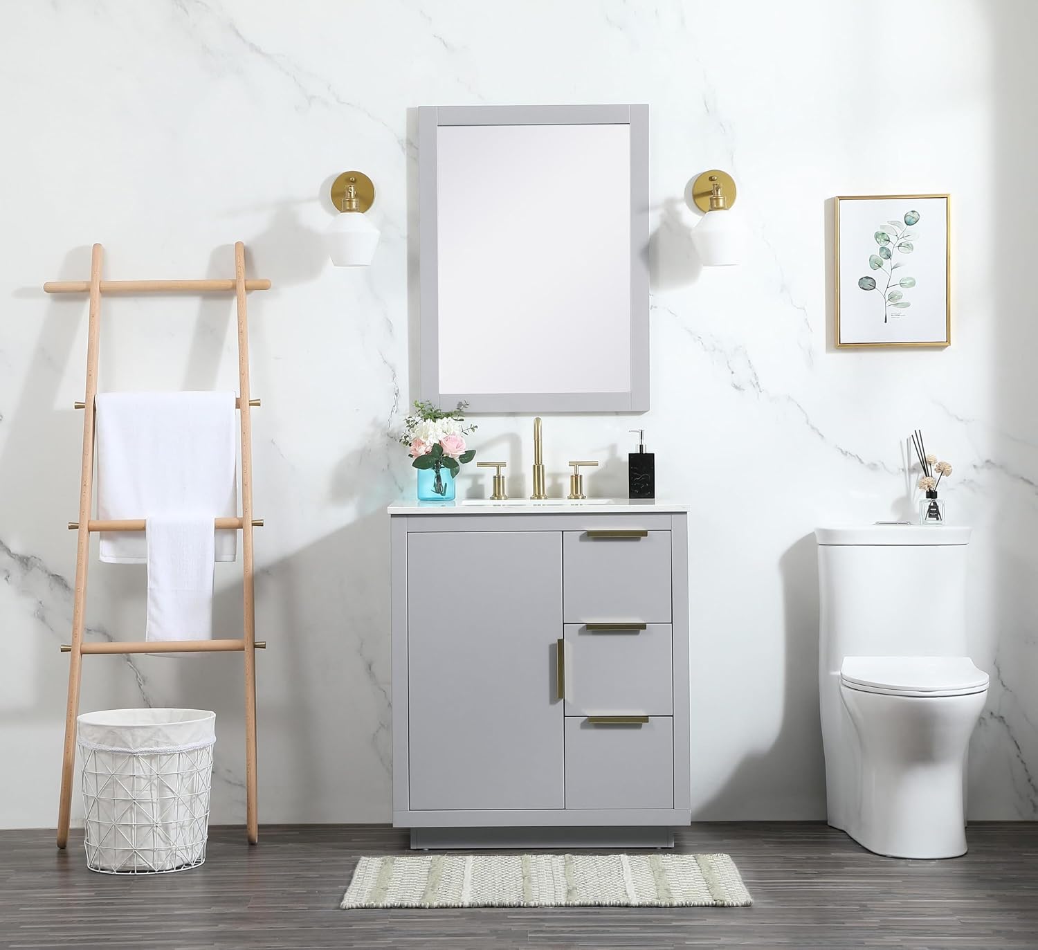 30 Single Bathroom Vanity, with Engineered Marble Top Soft-Close, Grey