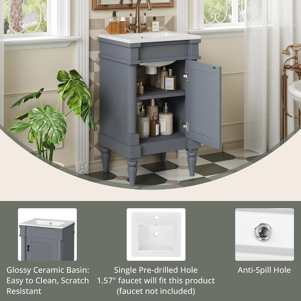 VilroCaz Modern 18'' Bathroom Vanity with Top Sink, Freestanding Bathroom Storage Cabinet with Door and Adjustable Shelf, Single Sink Cabinet with Nordic Style Legs (Gray-Retro)