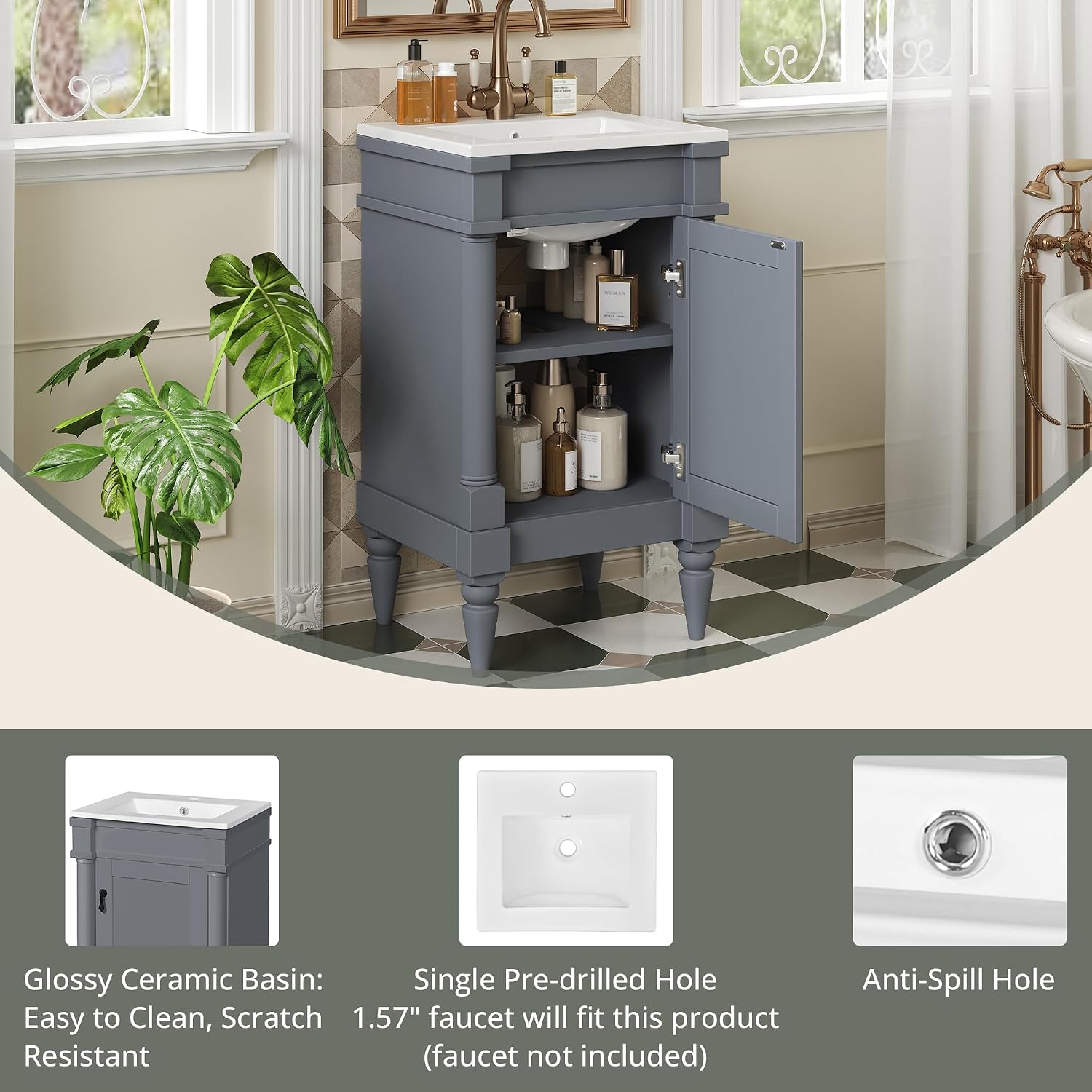 VilroCaz Modern 18'' Bathroom Vanity with Top Sink, Freestanding Bathroom Storage Cabinet with Door and Adjustable Shelf, Single Sink Cabinet with Nordic Style Legs (Gray-Retro)