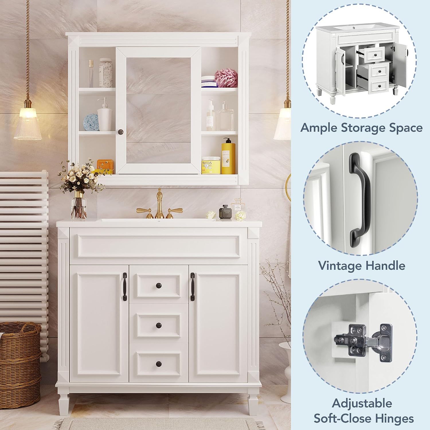 Merax 36' Bathroom Vanities with Matching Medicine Cabinet & Single Sink, Modern Undermount Bathroom Sink Cabinet with 3 Closing Doors & 2 Full Extension Dovetail Drawers