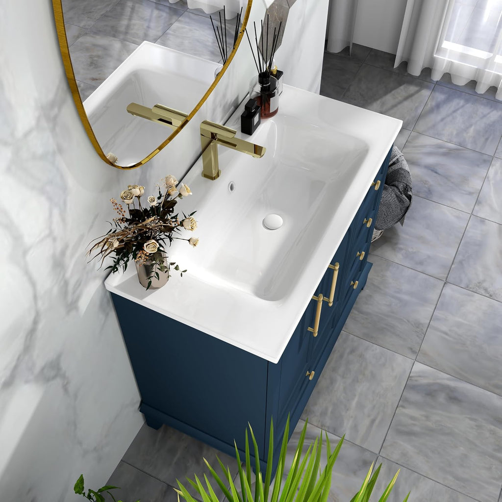 Henf Blue Bathroom Vanity with Sink 36inch Undermount Sink Bathroom Storage Cabinet w/4 Drawers, 2 Doors,Ceramic Integrated Sink,Solid Wood Legs and Metal Handles, Freestanding Bath Storage Cabinet