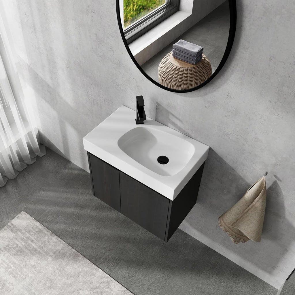 Small Bathroom Vanity with Sink, 24 Inch Bathroom Vanity with Sink, Floating Vanity Bathroom with Soft Closed Door, Integrated Sink, Engineered Wood (Black)