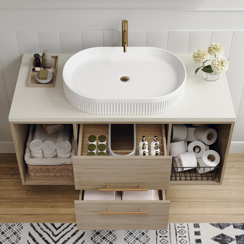 38.2' Floating Bathroom Vanities with Oval Ceramic Sink, Wall Mounted Bathroom Vanity Storage Cabinet with 2 Drawers and 2 Storage Spaces, Modern Bathroom Sink Cabinet with Gold Metal Handles,Oak