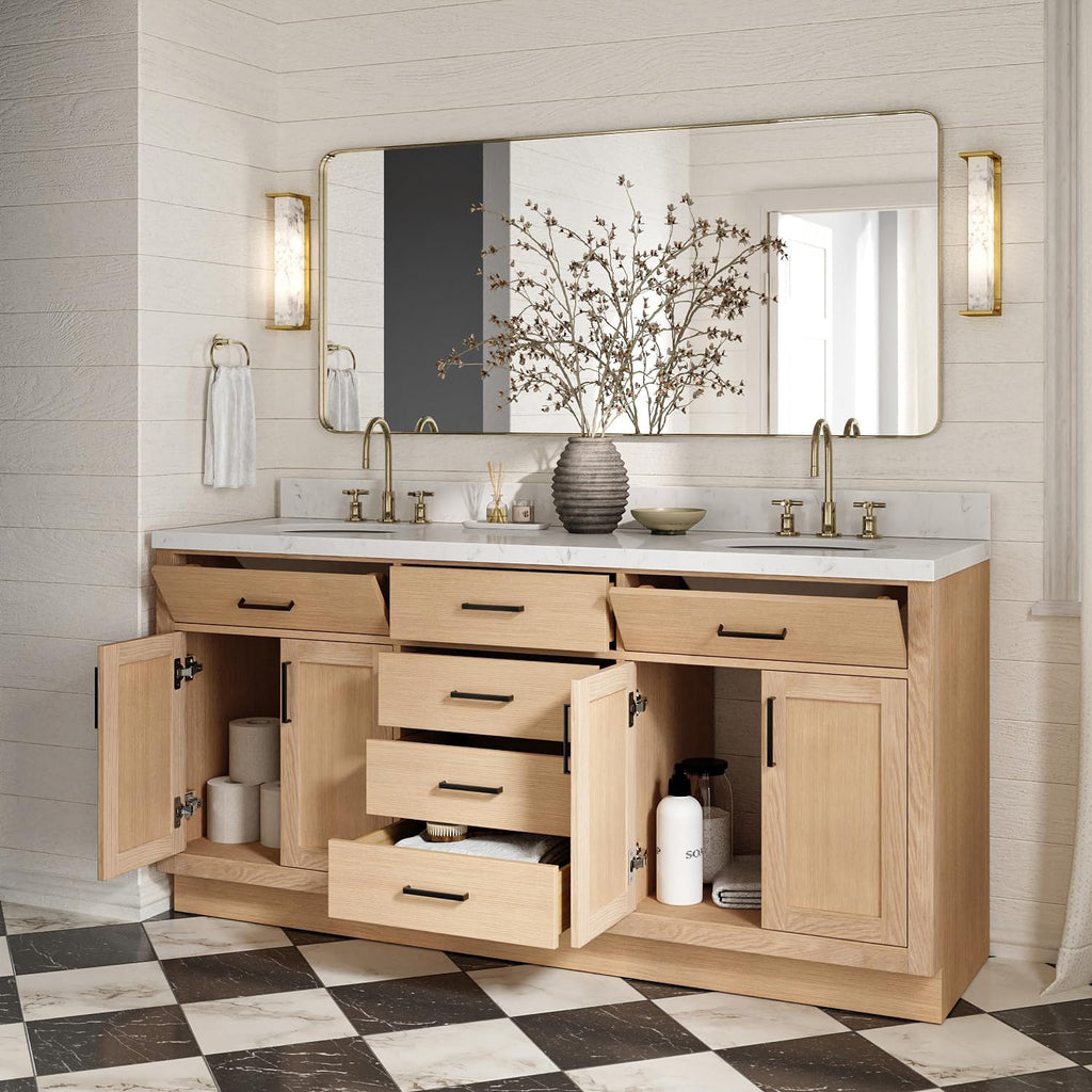 ARIEL Hepburn 72-inch Bathroom Vanity with Sink,Solid Wood, 1.5-inch Carrara White Quartz Countertop & Backsplash, Double Oval Porcelain Sink, 4 Soft Closing Doors, 6 Dovetail Drawers, White Oak