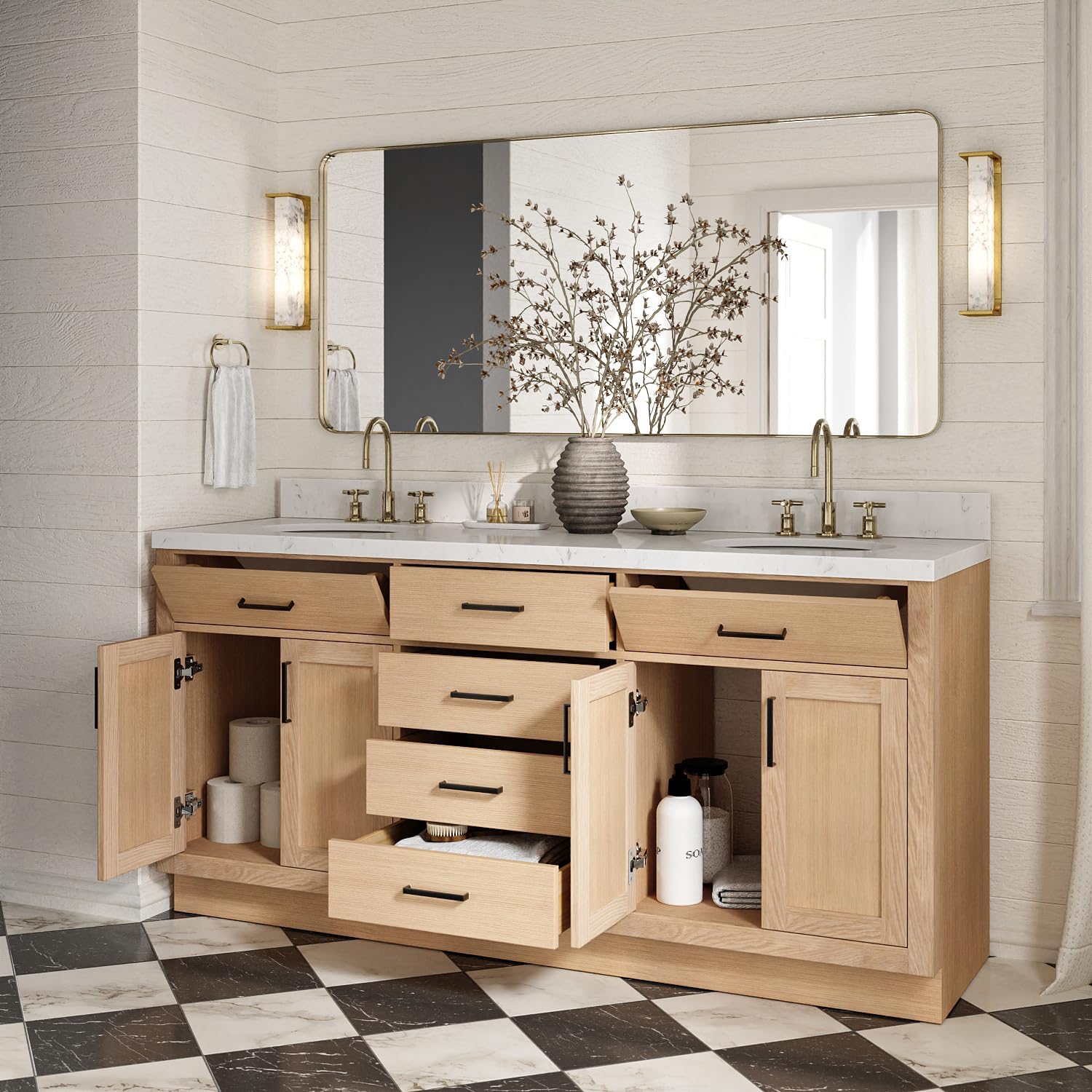 ARIEL Hepburn 72-inch Bathroom Vanity with Sink,Solid Wood, 1.5-inch Carrara White Quartz Countertop & Backsplash, Double Oval Porcelain Sink, 4 Soft Closing Doors, 6 Dovetail Drawers, White Oak