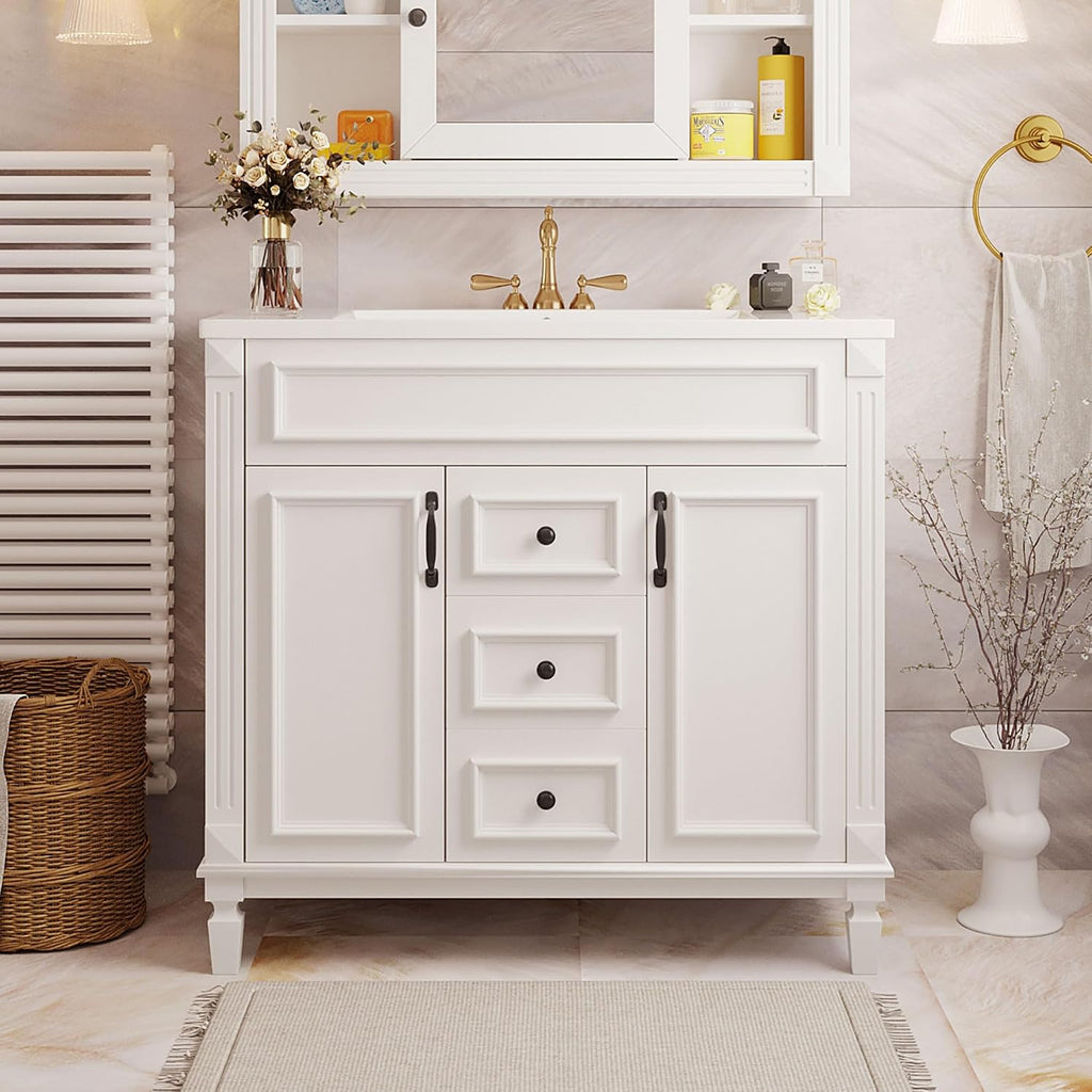 Merax 36' Bathroom Vanities with Single Sink, Modern Undermount Bathroom Sink Cabinet with 3 Closing Doors & 2 Full Extension Dovetail Drawers