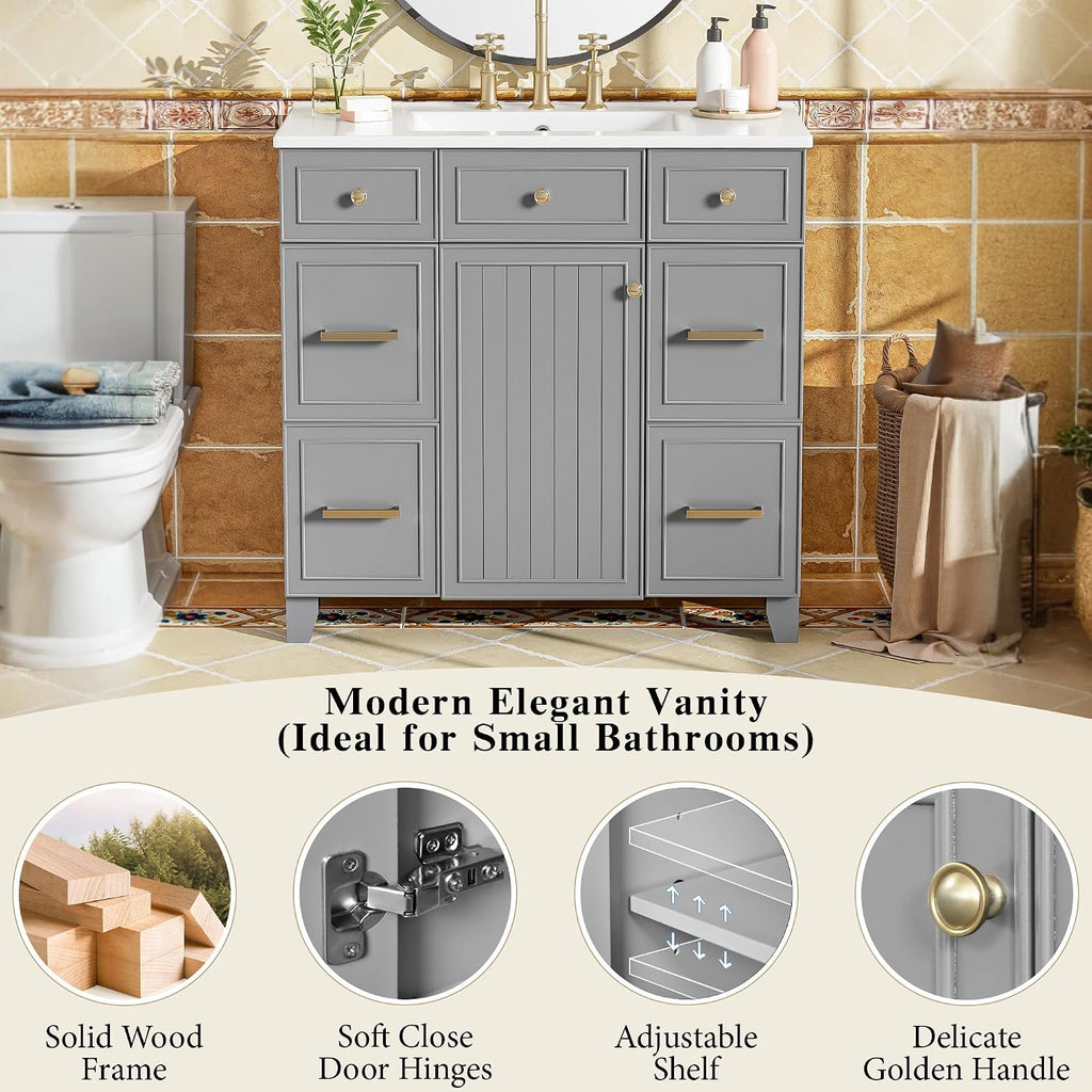 36' Bathroom Vanity Cabinet with Sink Top Combo Set, Grey, Single Sink, Shaker Cabinet with Soft Closing Door and Drawer, Grey