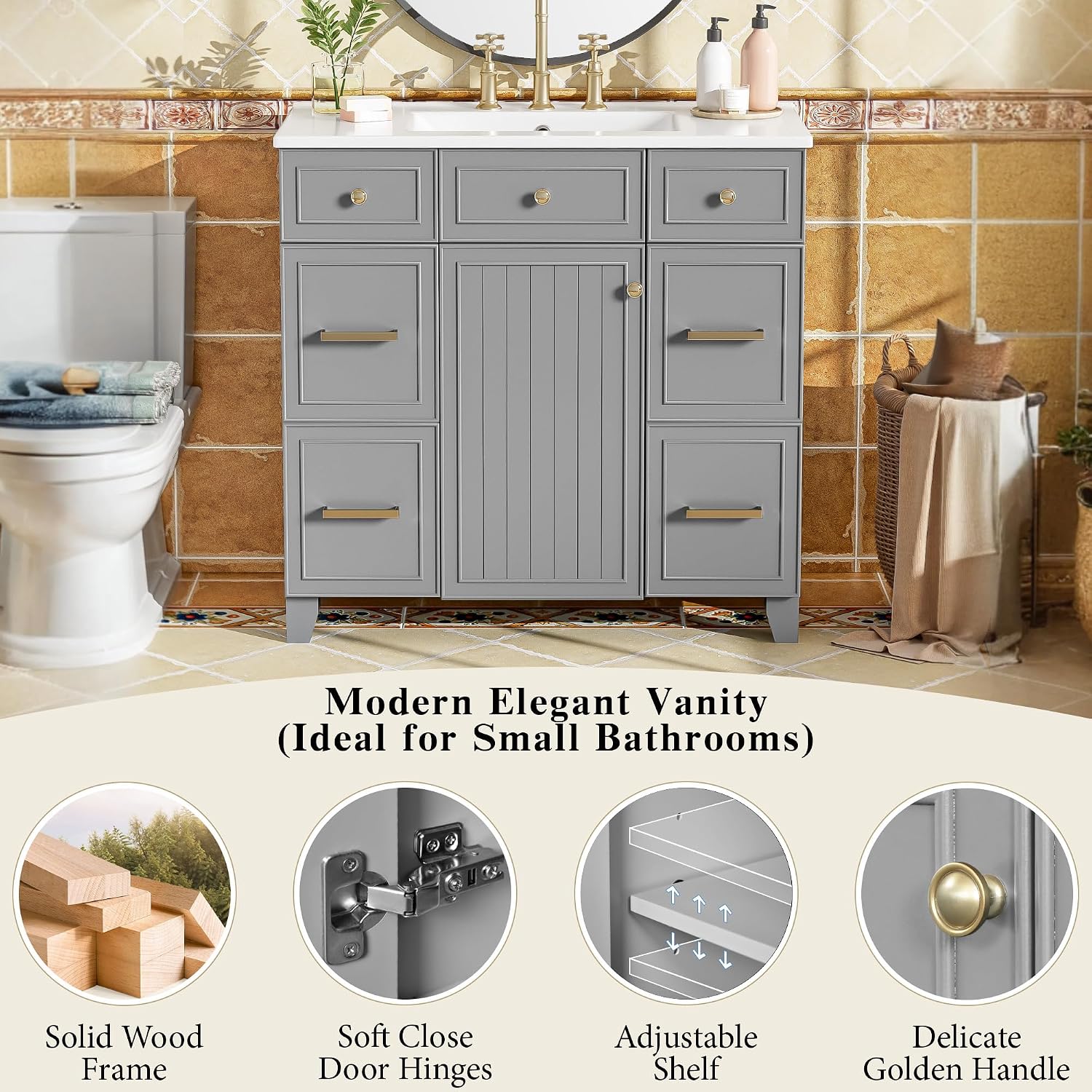 36' Bathroom Vanity Cabinet with Sink Top Combo Set, Grey, Single Sink, Shaker Cabinet with Soft Closing Door and Drawer, Grey