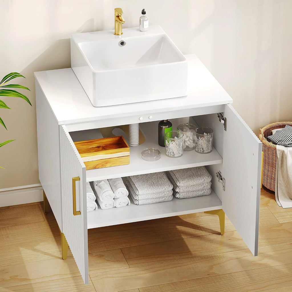 YITAHOME 30 Inch Bathroom Vanity with Vacuum Forming, Freestanding Storage Cabinet Vanity with Engineered White Stone Countertop, 2 Large Soft Closing Doors with Shelf, Gold Handles & Legs, White