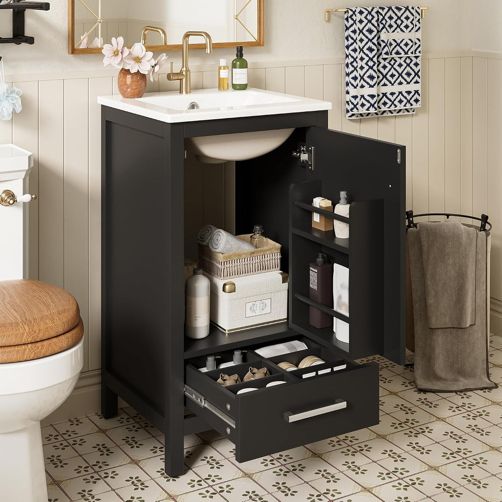 VilroCaz Modern 18'' Bathroom Vanity with Top Sink, Freestanding Bathroom Storage Cabinet with Door and Divider Drawer, Single Sink Cabinet with Adjustable Plastic Foot Pads (Black+1 Drawer)