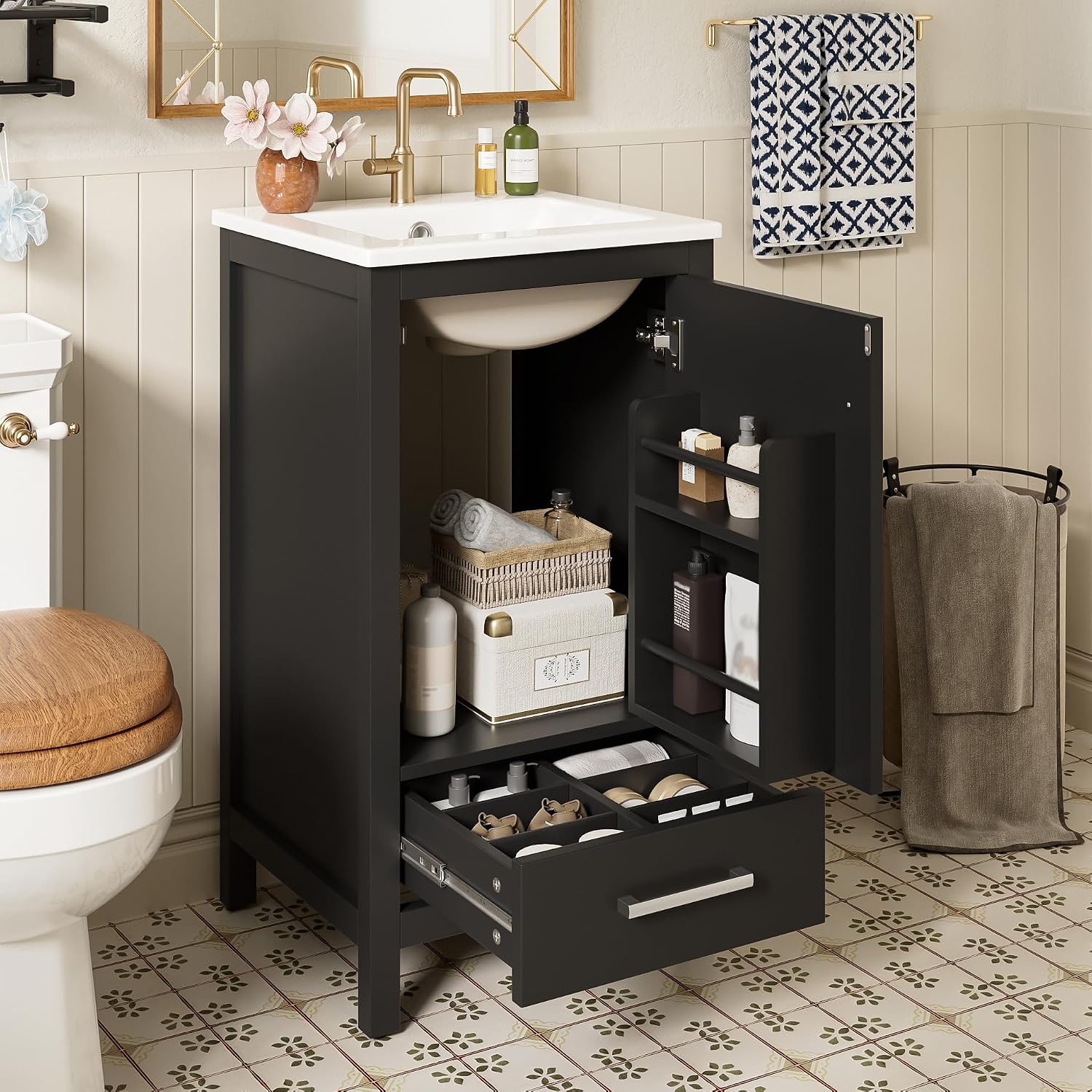 VilroCaz Modern 18'' Bathroom Vanity with Top Sink, Freestanding Bathroom Storage Cabinet with Door and Divider Drawer, Single Sink Cabinet with Adjustable Plastic Foot Pads (Black+1 Drawer)