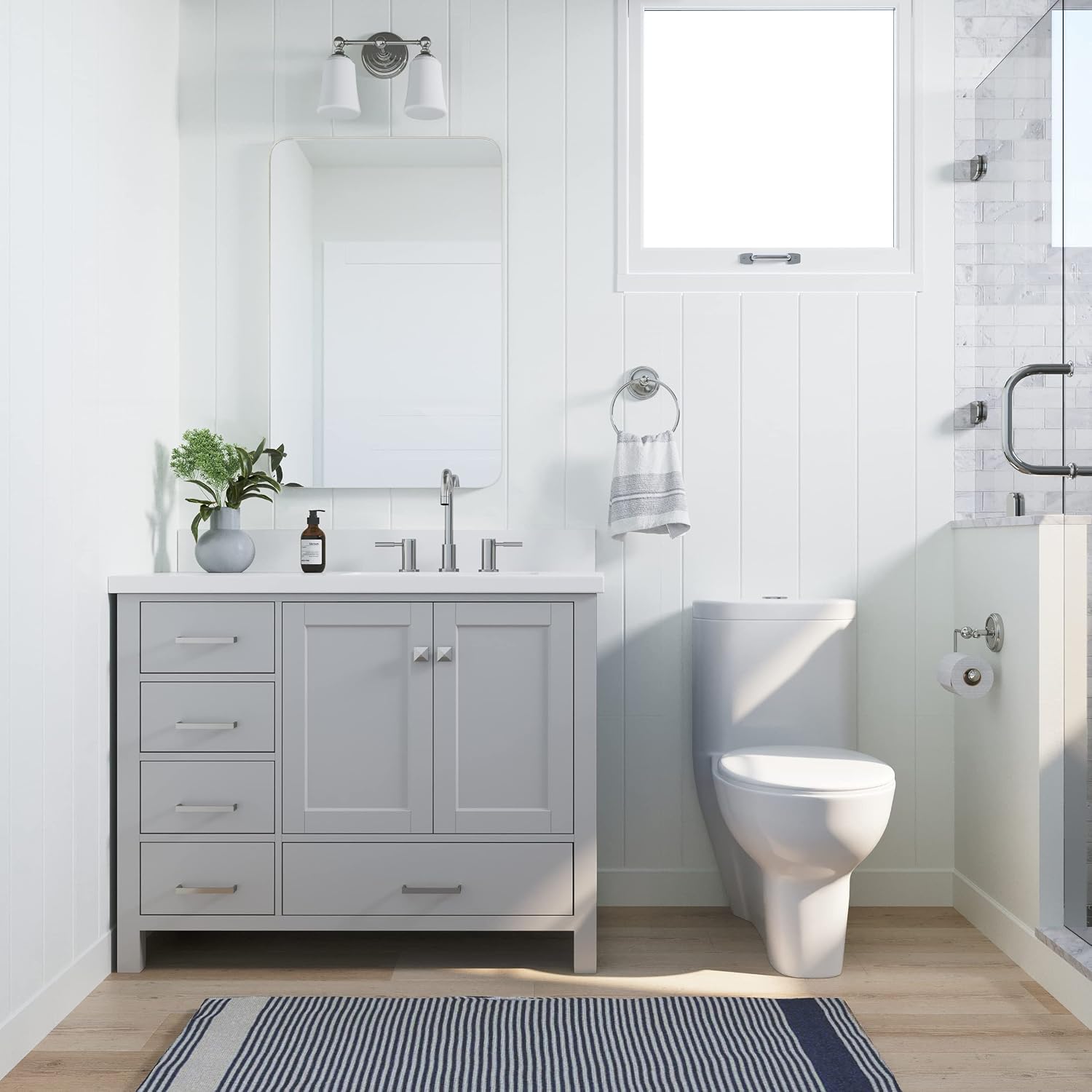 DKB Beckford 42-Inch Grey Bathroom Vanity with Sink, 1.5-Inch Pure White Quartz Countertop & Backsplash, Right Oval Sink, 2 Soft-Closing Doors, 5 Dovetail Drawers, Brushed Nickel Hardware