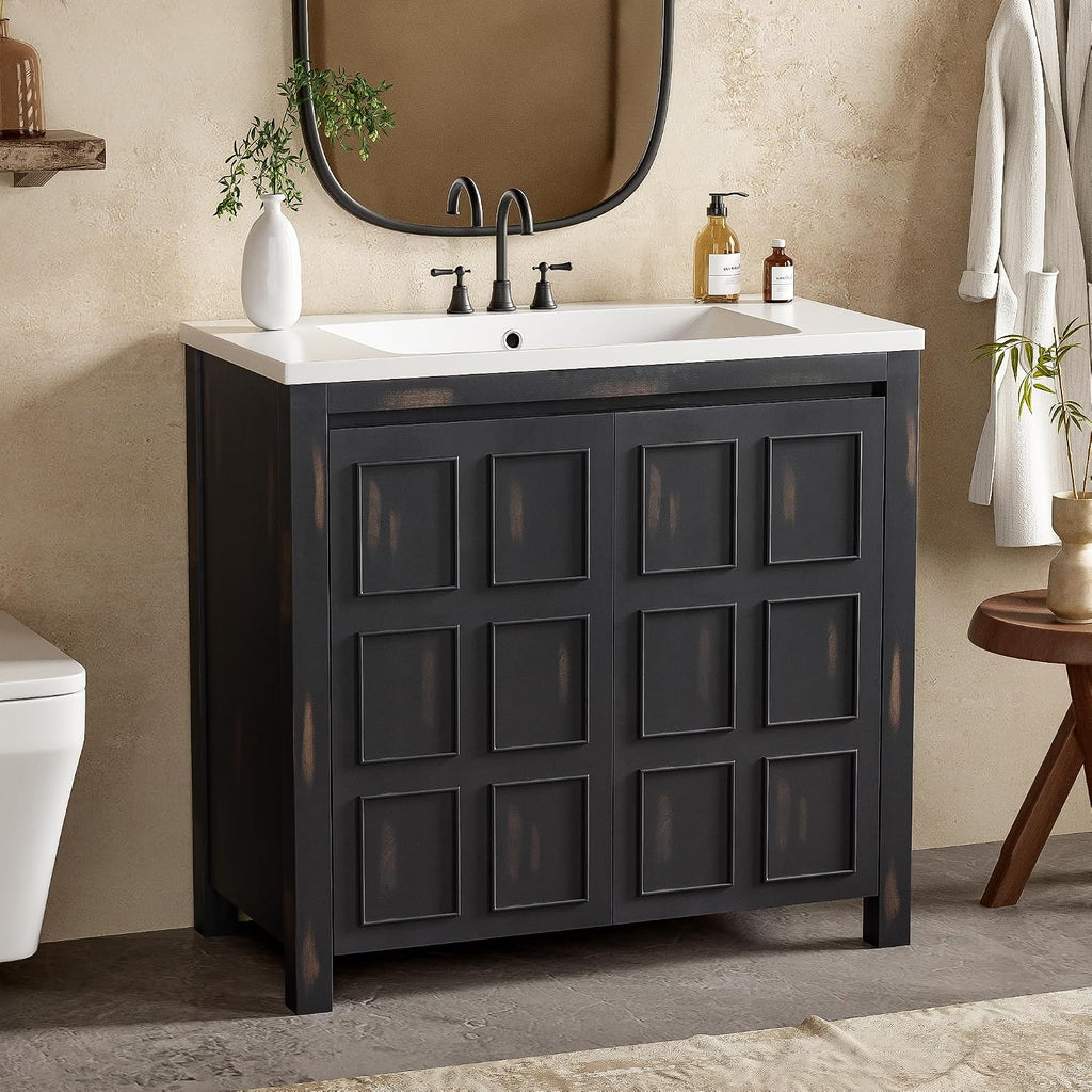 SOFTSEA 36' Bathroom Vanity with Sink Combo, Single Sink Bathroom Vanity with Soft-Close Doors, Solid Wood Frame Bathroom Cabinet, Resin Basin, Easy Assembly, Espresso