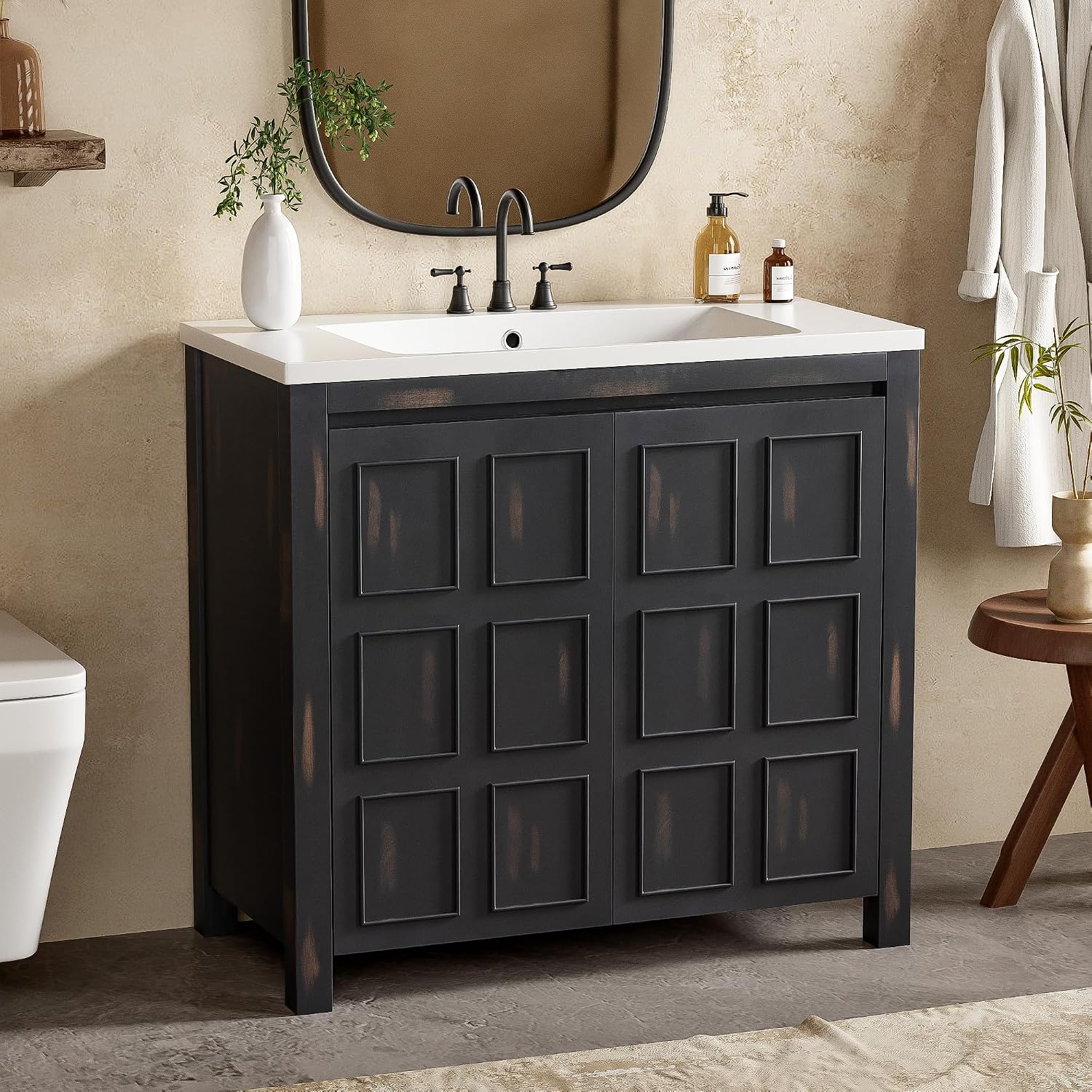 SOFTSEA 36' Bathroom Vanity with Sink Combo, Single Sink Bathroom Vanity with Soft-Close Doors, Solid Wood Frame Bathroom Cabinet, Resin Basin, Easy Assembly, Espresso