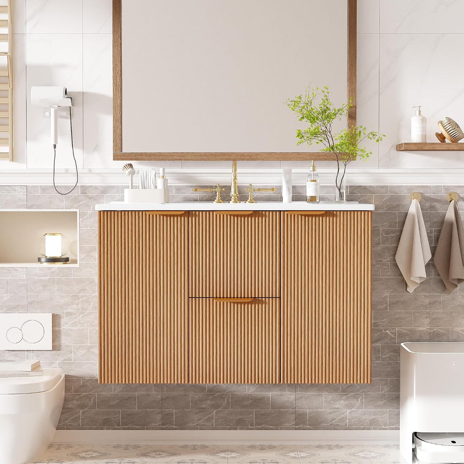 36 Inch Bathroom Vanity with Sink, Modern Fluted Single Bathroom Vanity with Ceramic Sink, Bath Room Cabinet with Divided Drawers, Wall-Mounted Modern Storage Vanity for Small Space (36''-Wood)