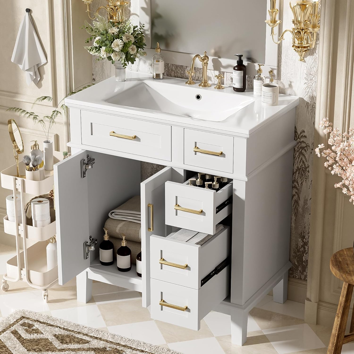 Harper & Bright Designs 30' Bathroom Vanity with Sink, Free Standing Single Basin Vanity Set with 2 Drawers, and Soft-Close Doors, Wood Bathroom Cabinet with Ceramic Basin for Bathroom, White