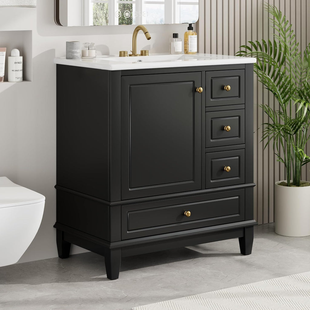 30' Modern Freestanding Bathroom Vanity with Ceramic Sink Top, 3 Drawers & Storage Shelves - MDF & Solid Wood Base