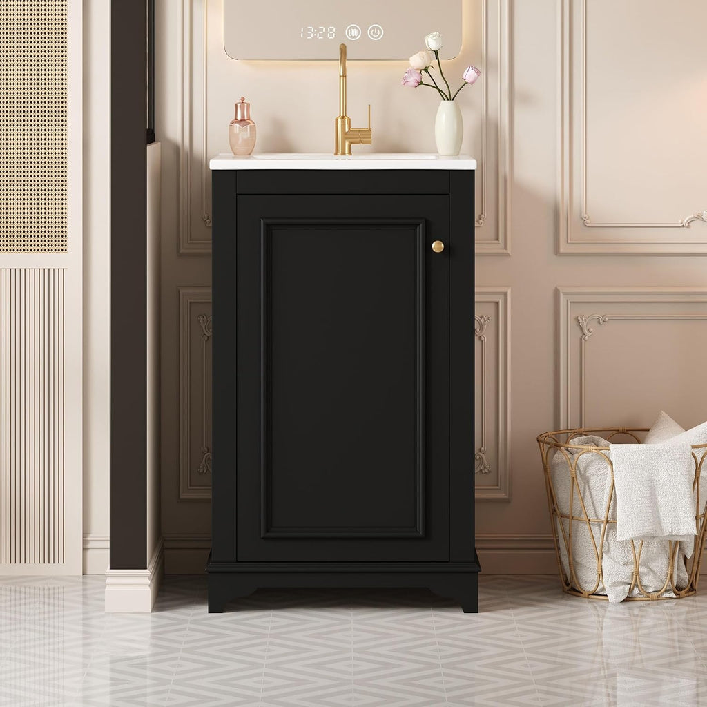 20-inch Bathroom Vanity with Sink Combo, Free-Standing Single Bathroom Storage Cabinet with Soft Close Door & Adjustable Shelf, Wooden Vanity Set with Ceramic Basin for Bathroom (Black)