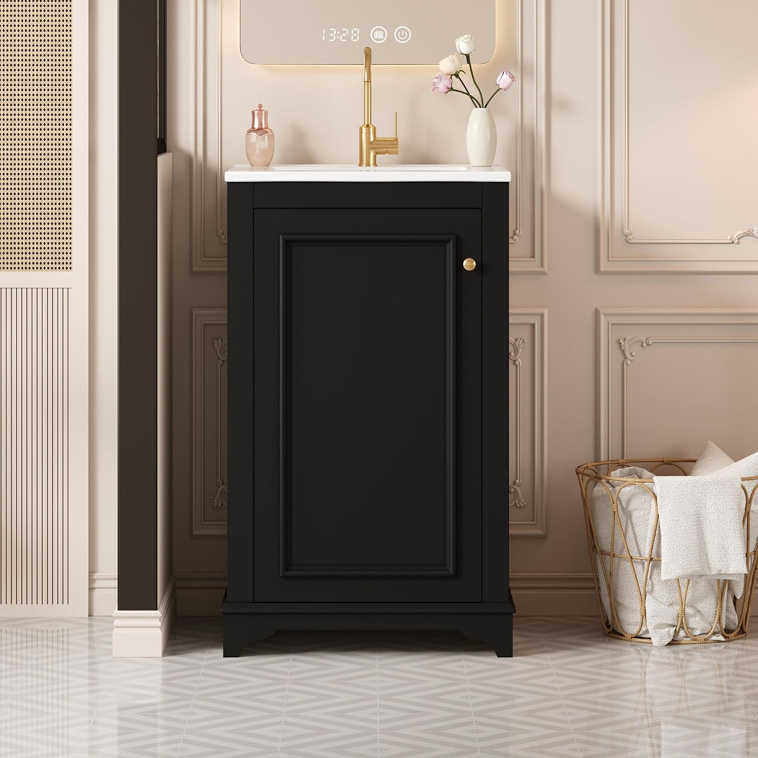 20-inch Bathroom Vanity with Sink Combo, Free-Standing Single Bathroom Storage Cabinet with Soft Close Door & Adjustable Shelf, Wooden Vanity Set with Ceramic Basin for Bathroom (Black)