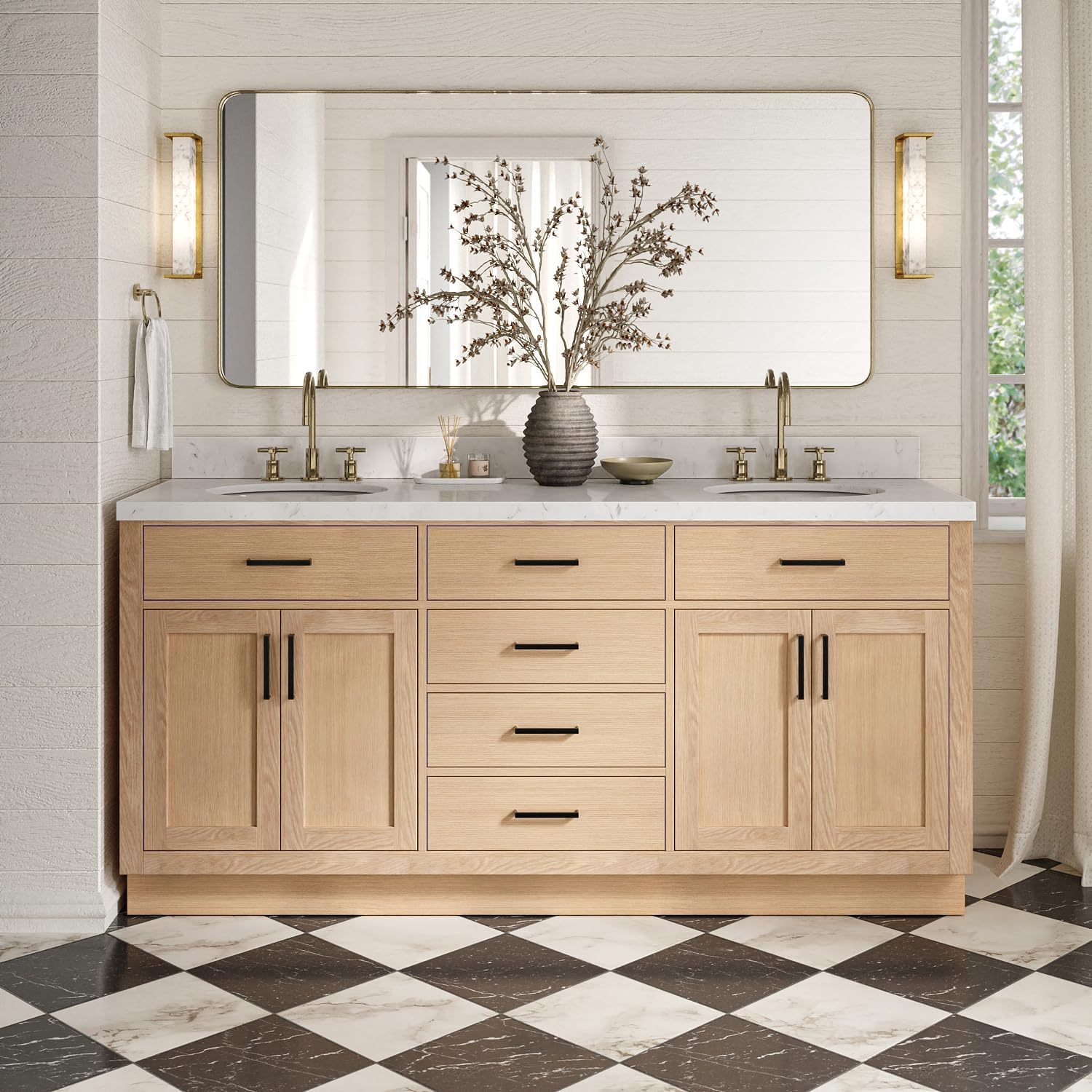 ARIEL Hepburn 72-inch Bathroom Vanity with Sink,Solid Wood, 1.5-inch Carrara White Quartz Countertop & Backsplash, Double Oval Porcelain Sink, 4 Soft Closing Doors, 6 Dovetail Drawers, White Oak