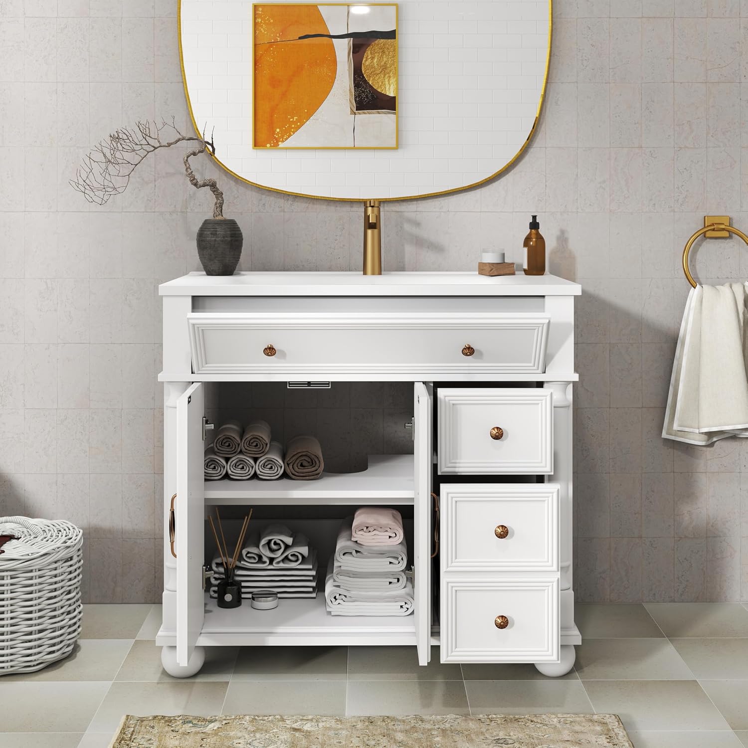 36 inch Bathroom Vanity with Sink, Freestanding Bathroom Vanity Cabinet with Ceramic Sink, Flip Top Drawer, 2 Large Capacity Drawers, Soft Closing Doors, Adjustable Shelf, Round Column Base, White