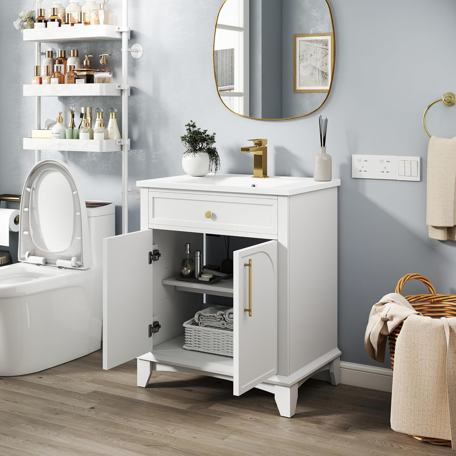 Henf White Bathroom Vanity with Sink 28inch Undermount Sink Bathroom Storage Cabinet w/2 Doors Cabinet,Ceramic Integrated Sink,Solid Wood Legs and Metal Handles, Freestanding Bath Storage Cabinet