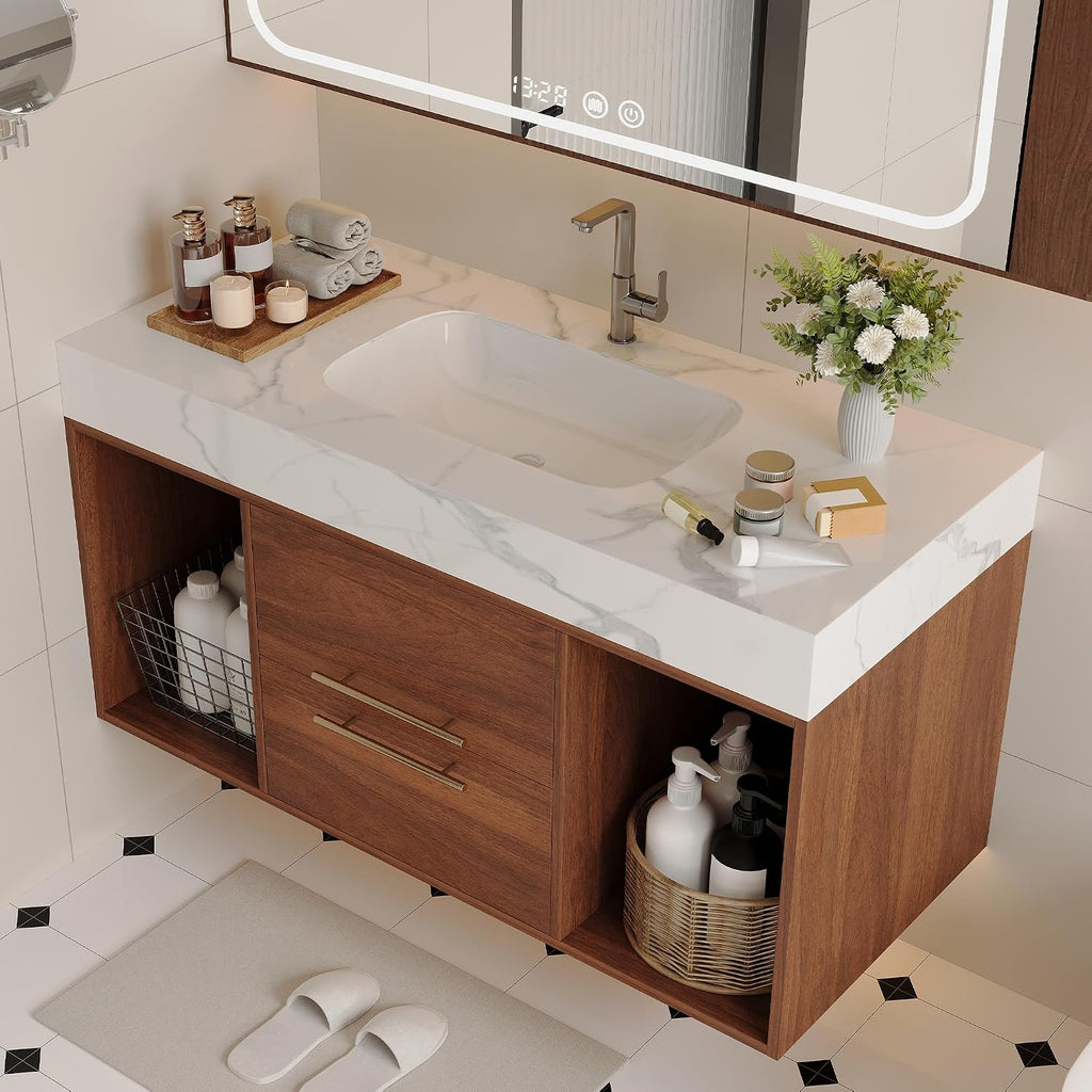 40 inch Bathroom Vanity with Ceramic Sink and Stone Marble Counter Top Modern Wall Mounted Floating Bathroom Sink Cabinet with 2 Drawers&2 Open Shelves&Gold Metal Handle, Walnut
