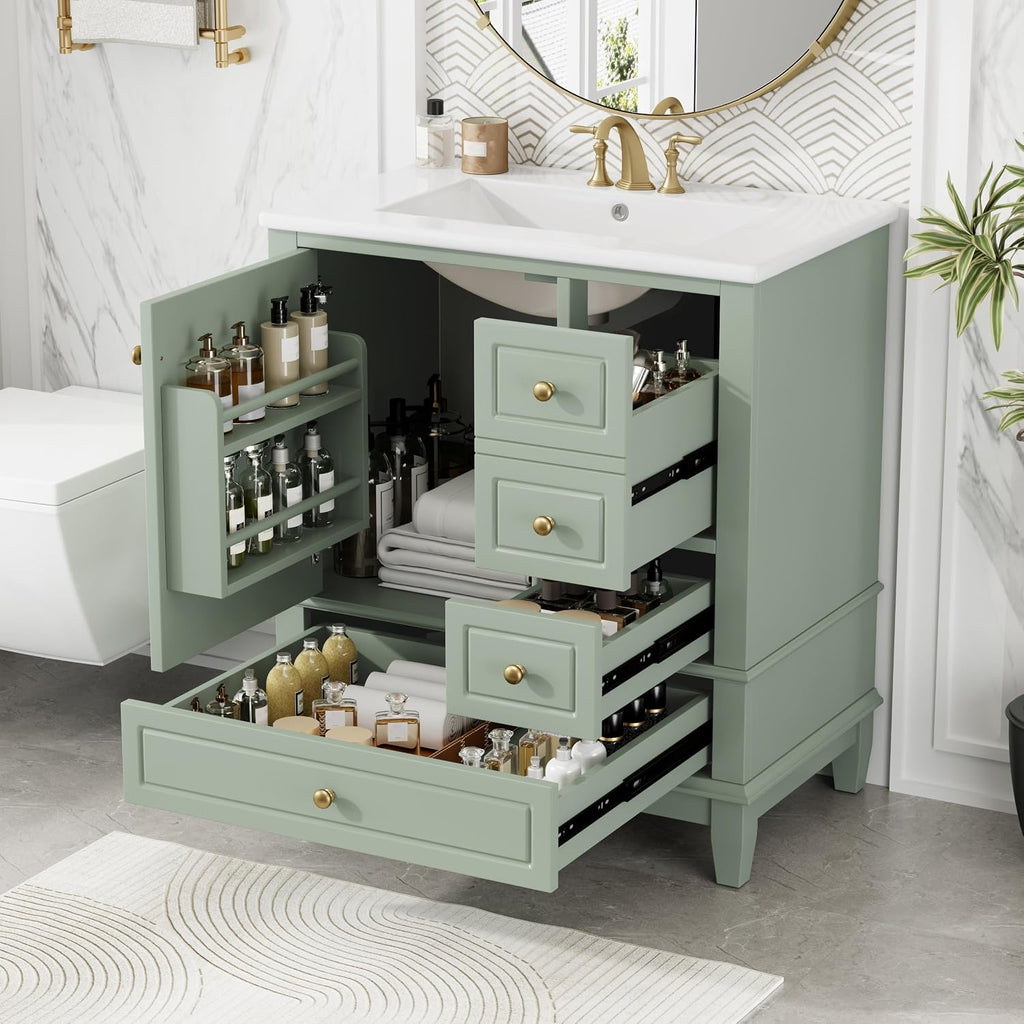 Christopher Knight Home 30' Bathroom Vanity with Top, Ceramic Sink, 3 Drawers and 1 Soft Closing Door with Shelf, Solid Wood Legs, Green