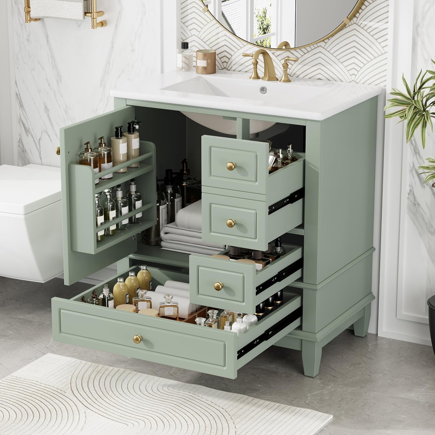 Christopher Knight Home 30' Bathroom Vanity with Top, Ceramic Sink, 3 Drawers and 1 Soft Closing Door with Shelf, Solid Wood Legs, Green