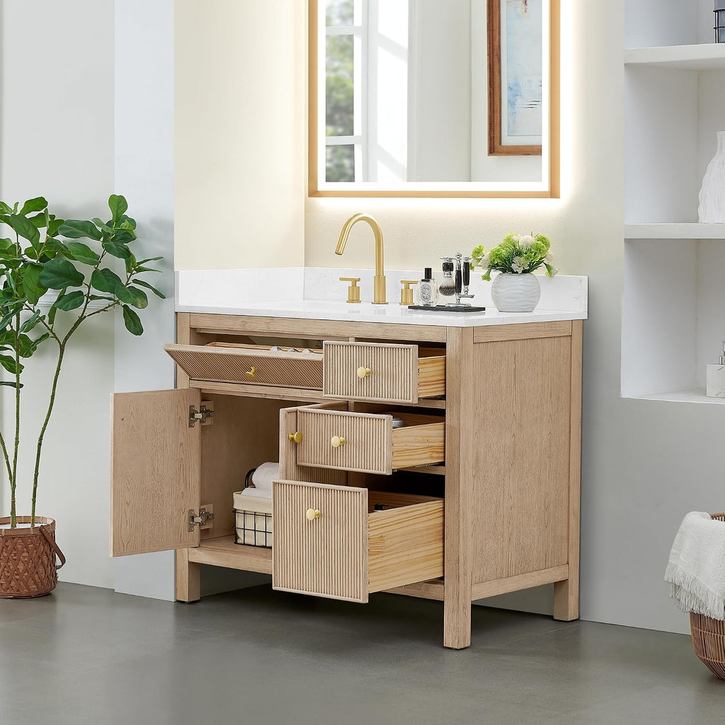 Cerrito 42' Wood Vanity in Natural Oak Grain Engineered Stone Top no Mirror