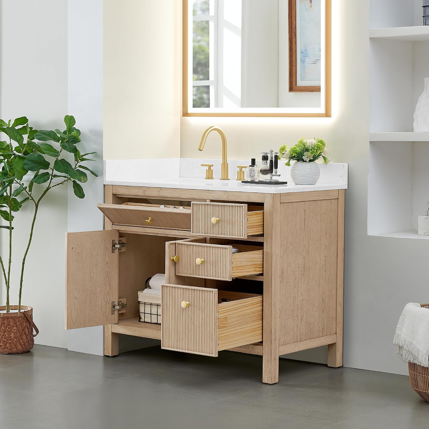 Cerrito 42' Wood Vanity in Natural Oak Grain Engineered Stone Top no Mirror