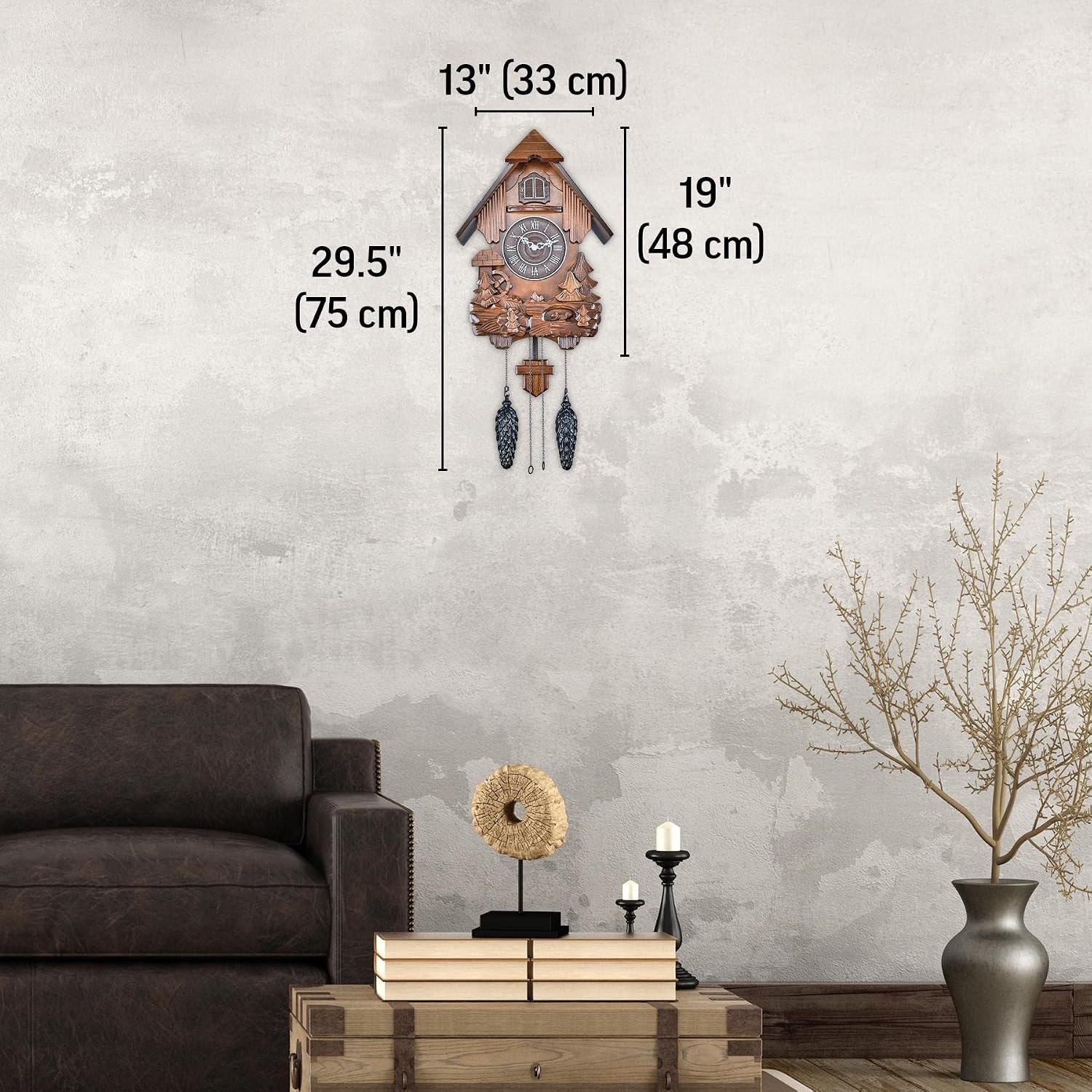 TIMEGEAR Cuckoo Clock with Automatic Night Mode, Swinging Pendulum and Quartz Movement (Brown)